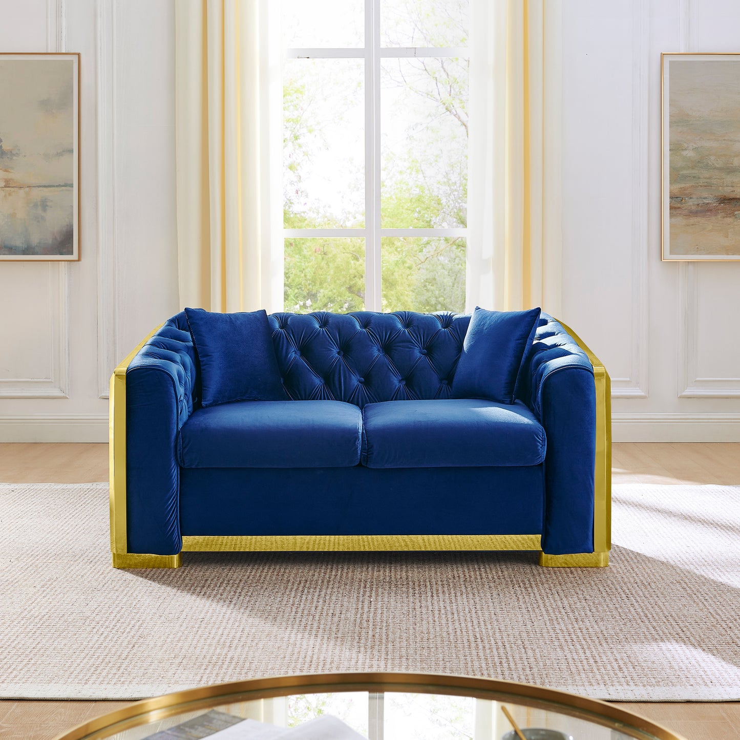Luxury Velvet Button Tufted Loveseat Couch, 62" Mid Century Modern Chesterfield Sofa for Living Room with Gold Stainless Steel Decoration and 2 Pillows, Navy Blue