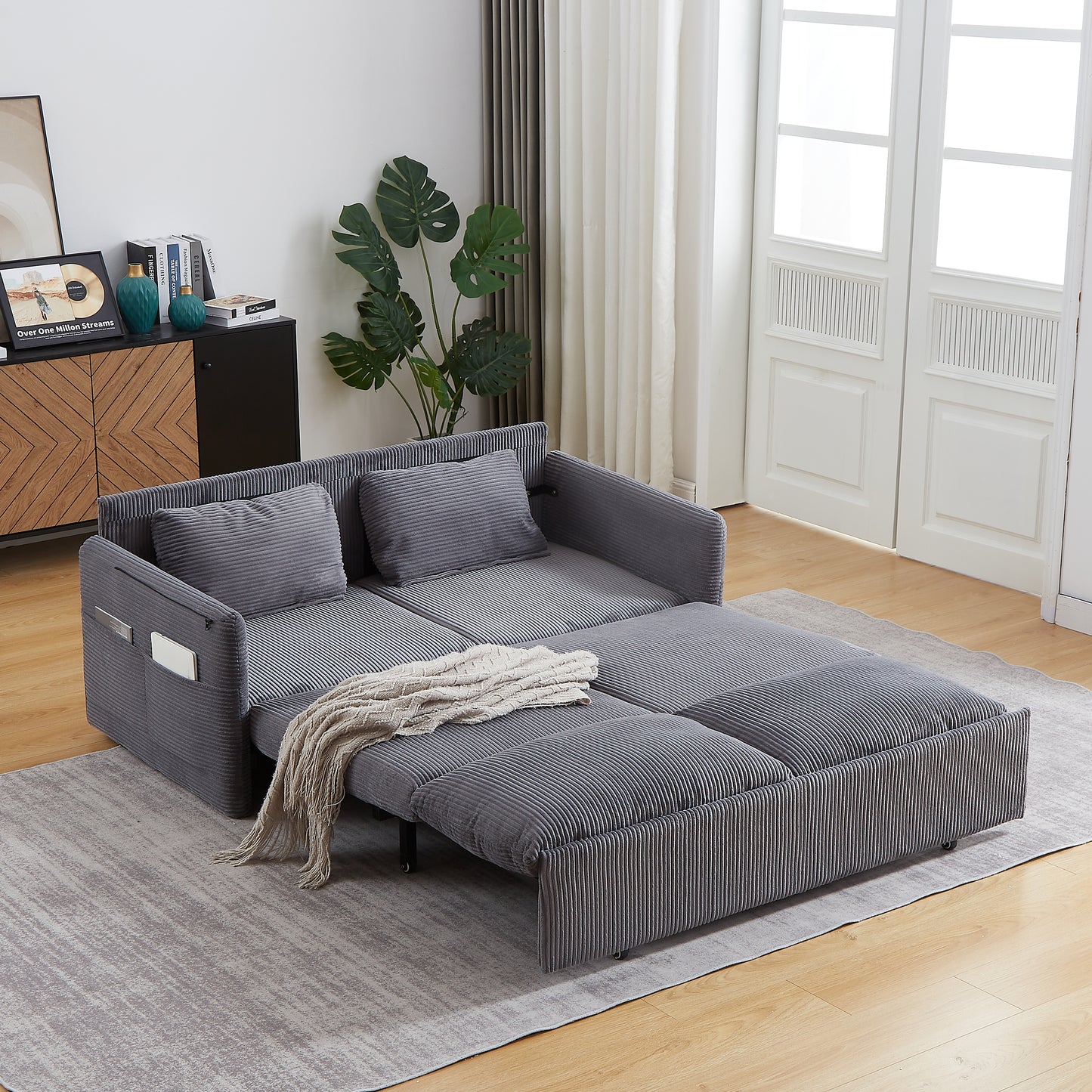 MH'' 64.5 Inch Sleeper Sofa Bed 3-in-1 Adjustable Sleeper with Pullout Bed 2 Pillows and Side Pockets Soft Corduroy Convertible Sleeper Sofa Bed for Living Room Bedroom Apartment Office