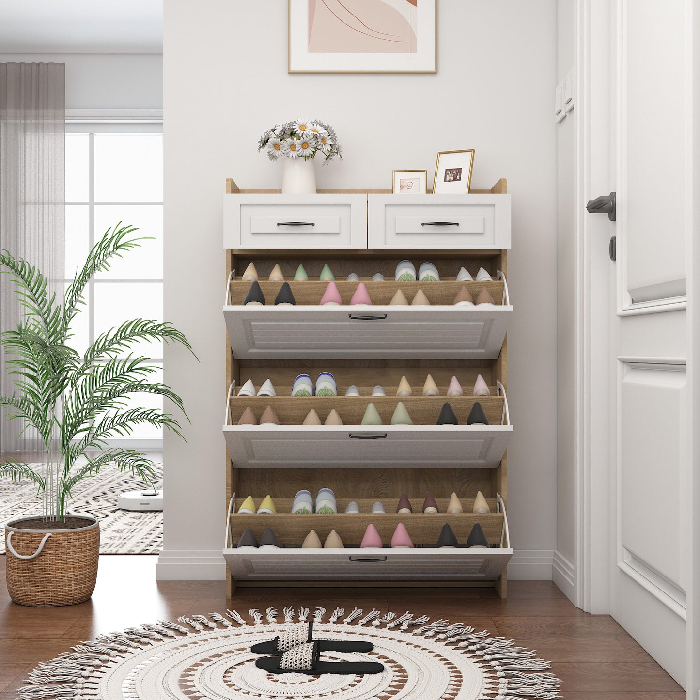 White + Oak Shoe Cabinet - 3 Drawers, Large Storage