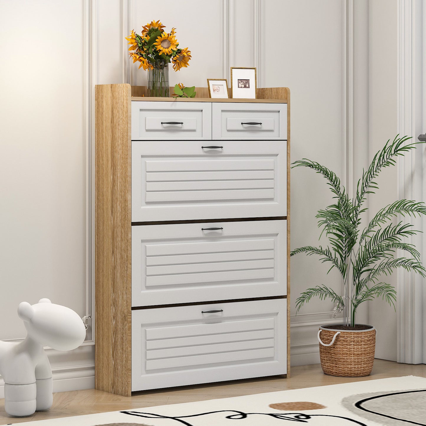 1250 White +Oak Color shoe cabinet with 3 doors 2 drawers,large space for storage