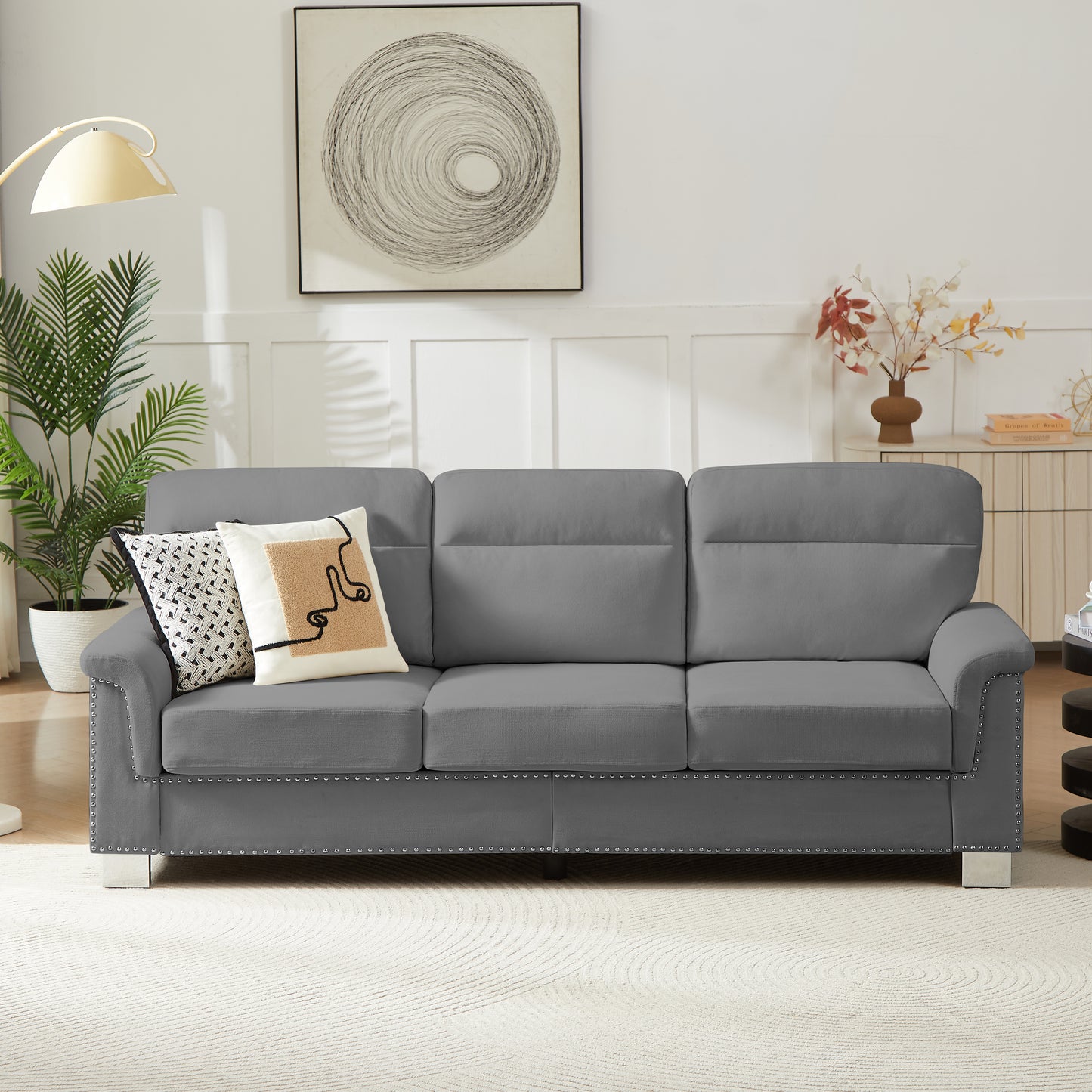 82" Modern Compressed Snowfleece Fabric 3-Seater Sofa, for Living Room, Bedroom, Office & Entertainment Spaces, Gray