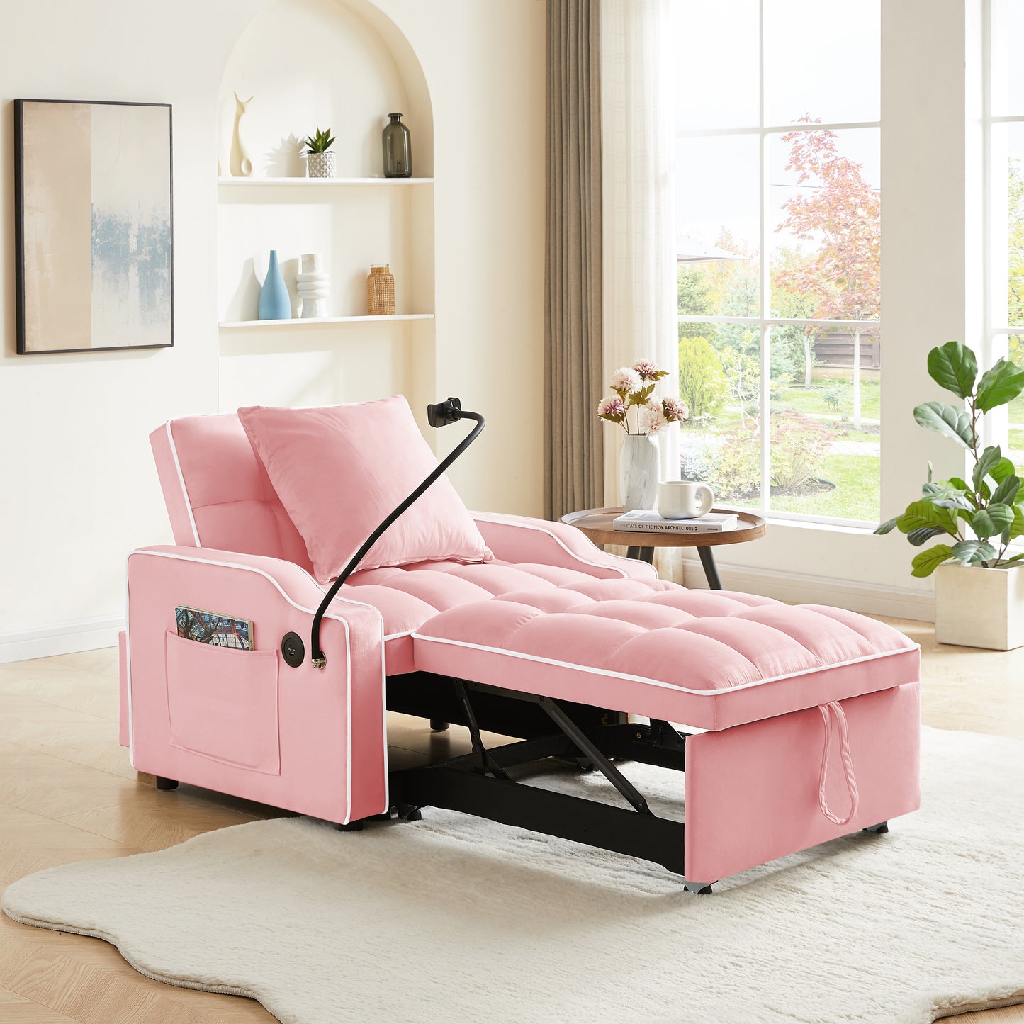 Sleeper Sofa Chair Bed, 3 In 1 Convertible Sofa Chair With With Adjustable Backrest & Phone Holder & USB, Type-C, Adjustable Recliner, Armchair For Living Room Bedroom Apartment Small Space, Pink