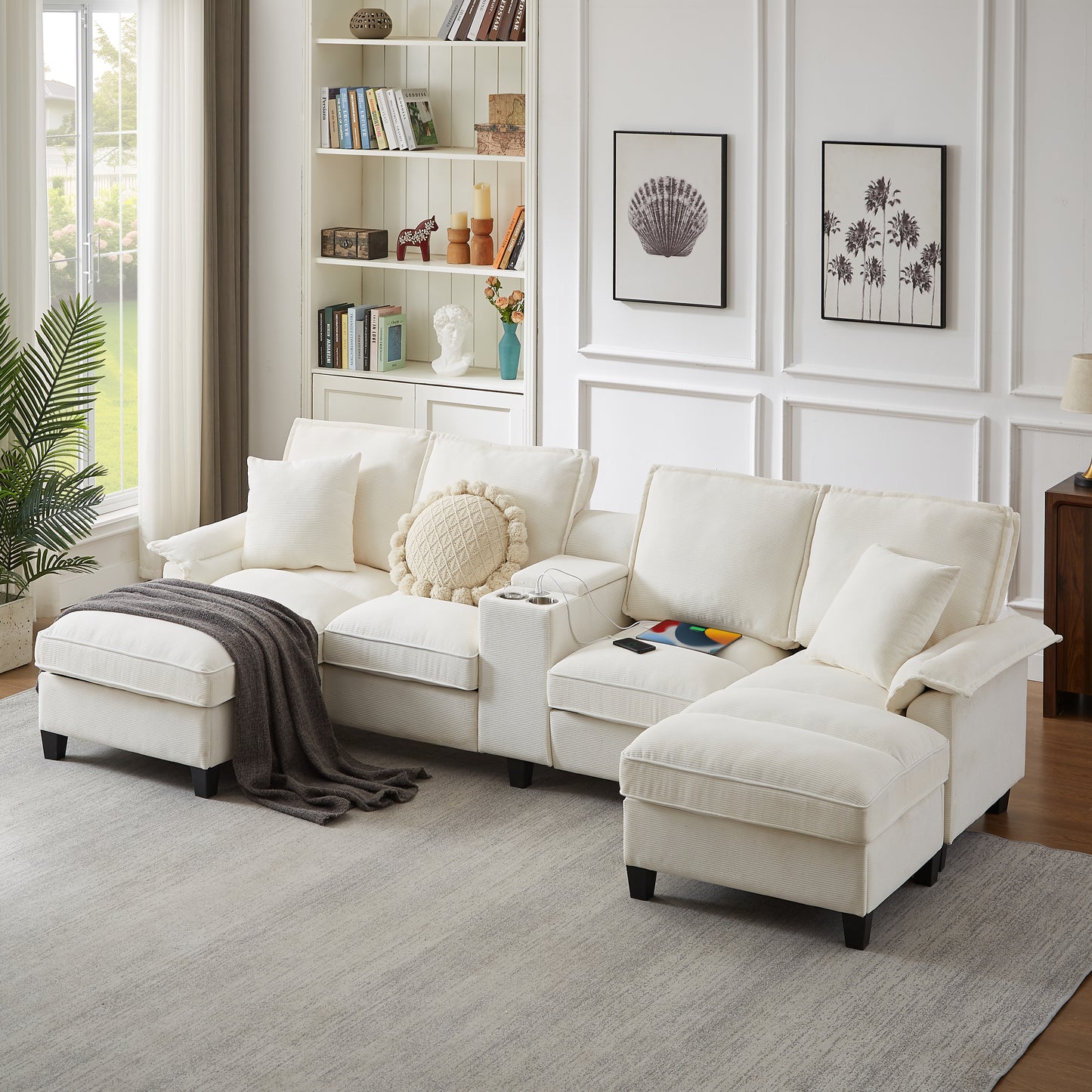 120" Modular Corduroy Sectional Sofa Bed with Storage – Modern U-Shaped Design, 4-Seater, Perfect for Living Room, Apartment, or Lounge, Featuring Cup Holders for Added Convenience (Beige)"