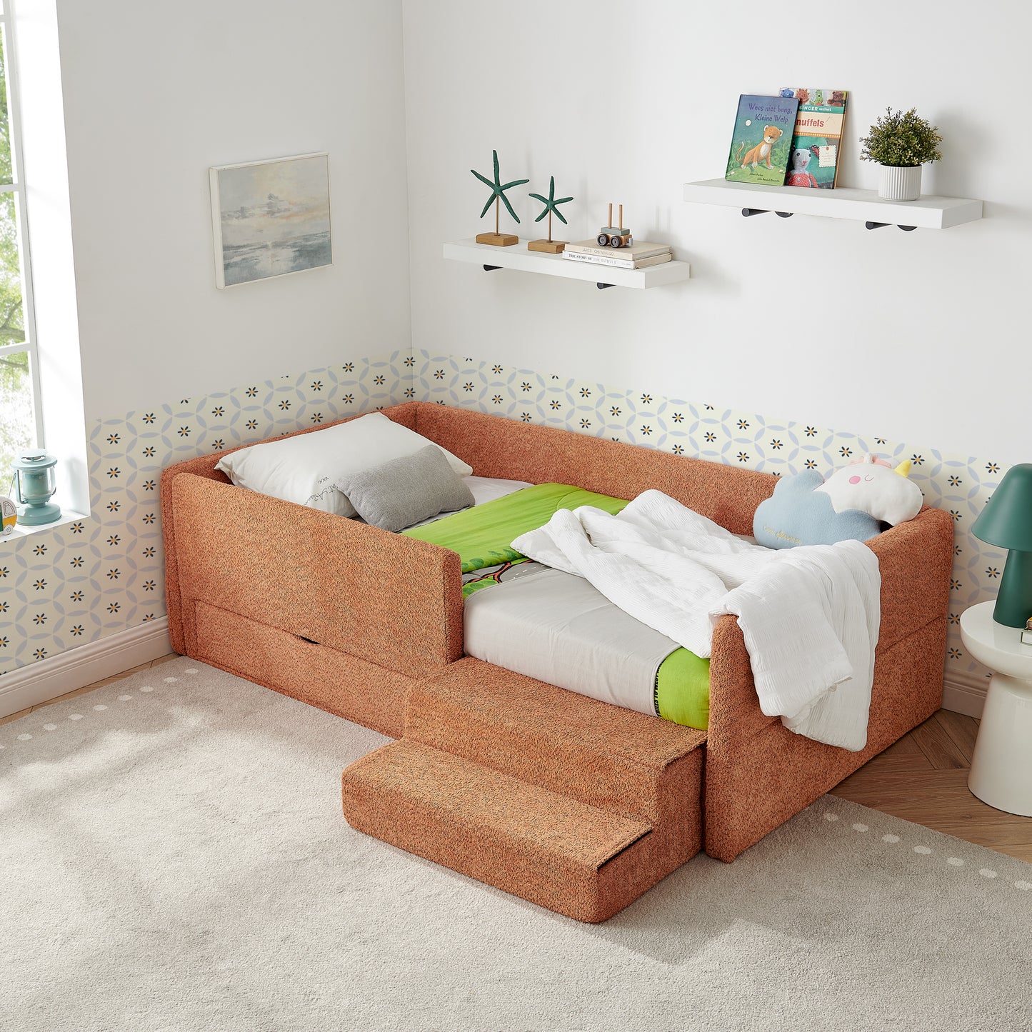 Twin Size Safe Cozy Multi-Functional Kids Bed with Guardrails and Storage, Bed with Safety Step Stool, Boucle Fabric (80.5''x44.5''x23'')