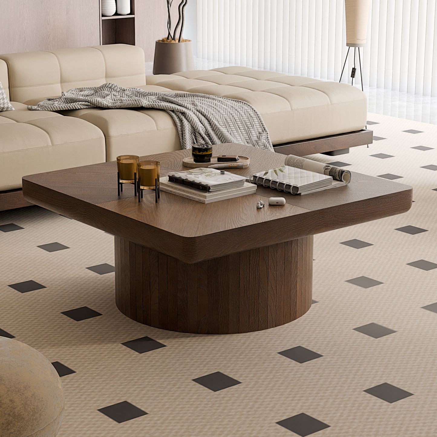 34.6'' Square Coffee Table for Living Room, Modern Wood Veneer Top with Parquet Pattern & Cylindrical Base, Thickened Tabletop, Easy Assembly, Walnut