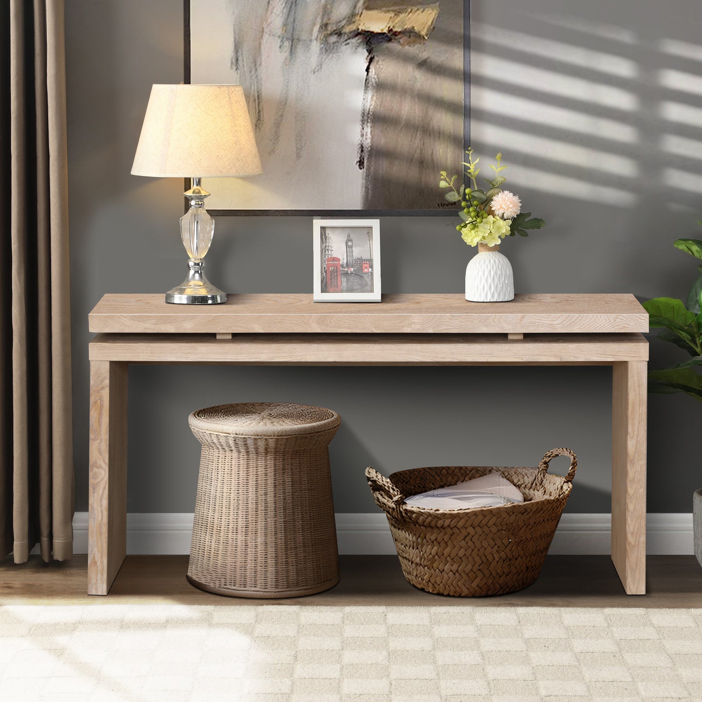 60'' Antique Natural Farmhouse Console Table - Retro Wooden Entryway Table with Double Board Suspension Design, Solid Wood & MDF, Sofa Table for Living Room