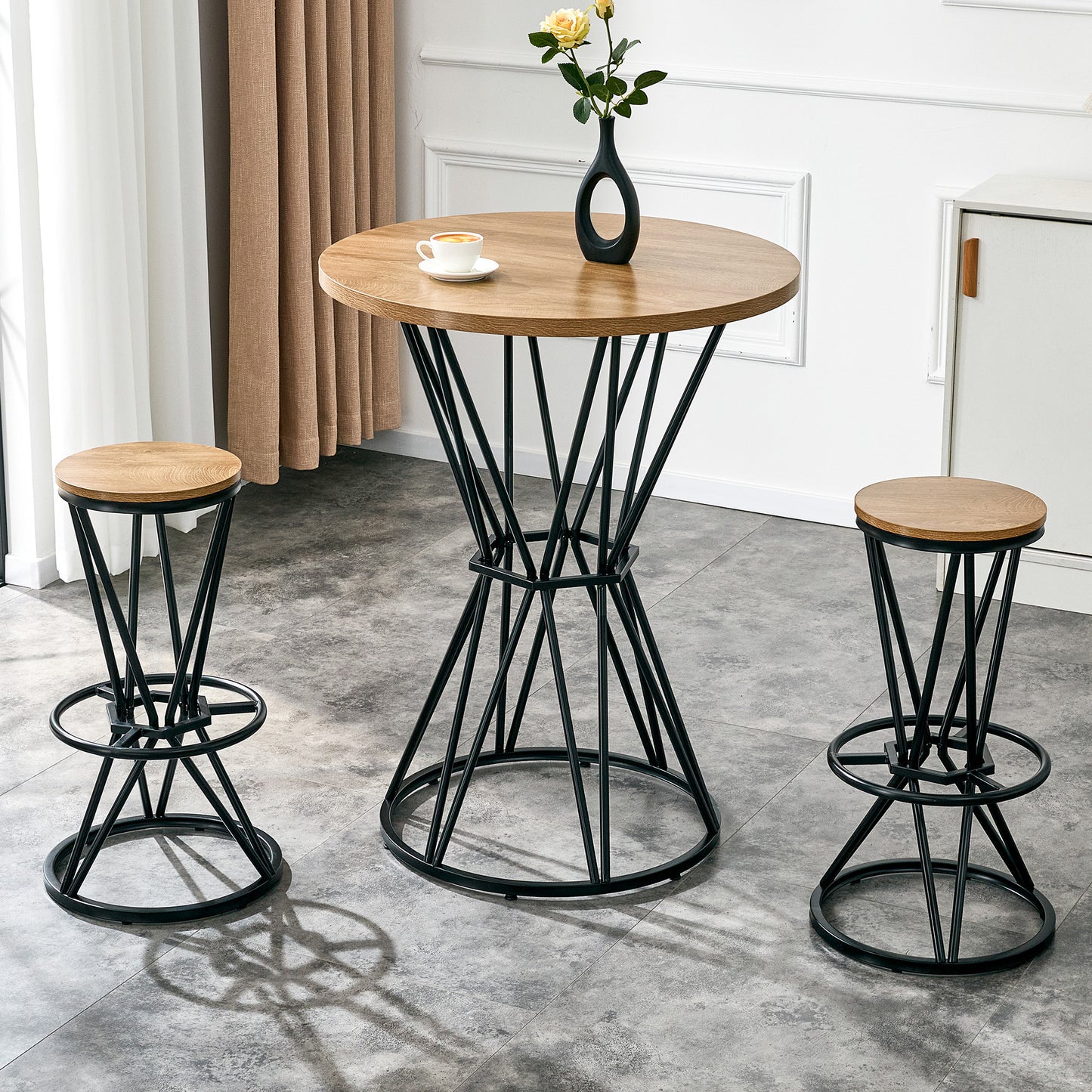 Single package bar, table, chair set.31.5-inch wood grain MDF tabletop with black metal frame, industrial style bar counter combination,suitable for kitchen island countertops,seating 2 people.