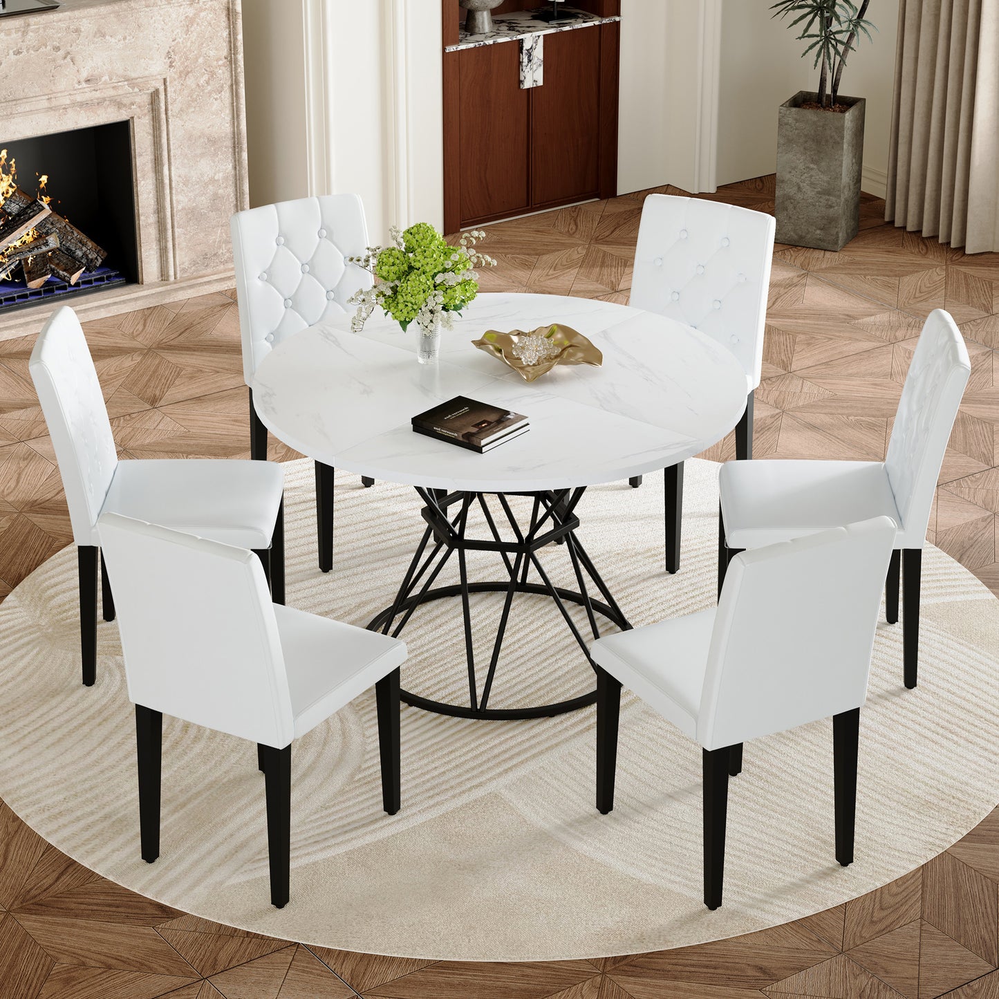 Table and chair set. A circular white MDF dining table with a diameter of 47.3 inches,black hourglass shaped metal brackets.Paired with 6 PU chairs with decorative buckle design on the backrest.