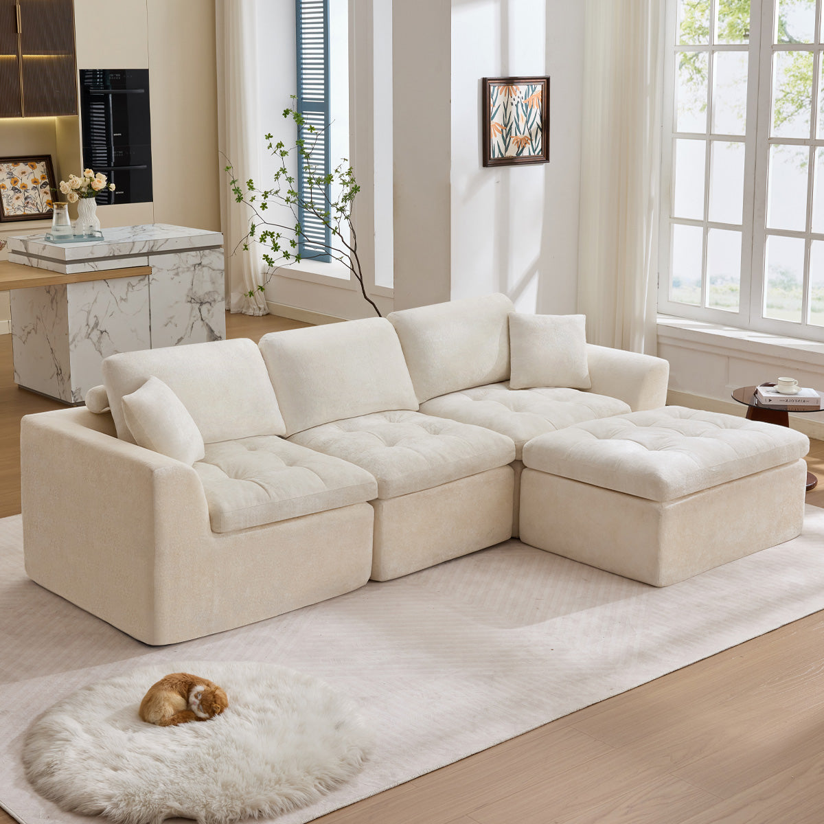 110" Cloud Sectional Couch for Living Room, Upholstered L-Shape Modular Sofa with Movable Ottoman, 3-Seater Deep-Seat Foam Couch, Comfortable Convertible Sectional for Home & Apartment