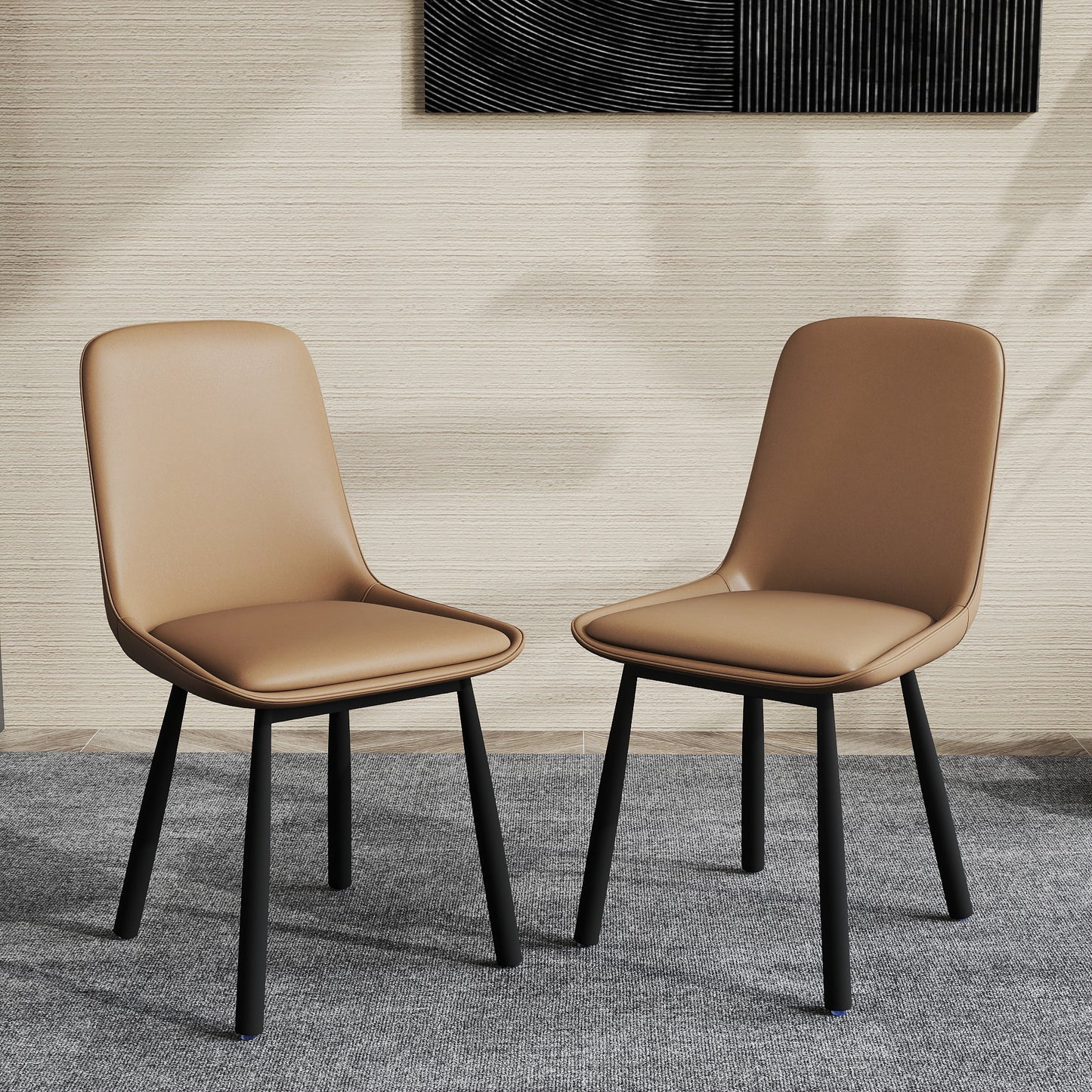 Modern Minimalist Khaki Faux Leather Dining Chairs Set of 2, Iron Legs, Nordic Style Upholstered Backrest Chairs for Kitchen & Living Room