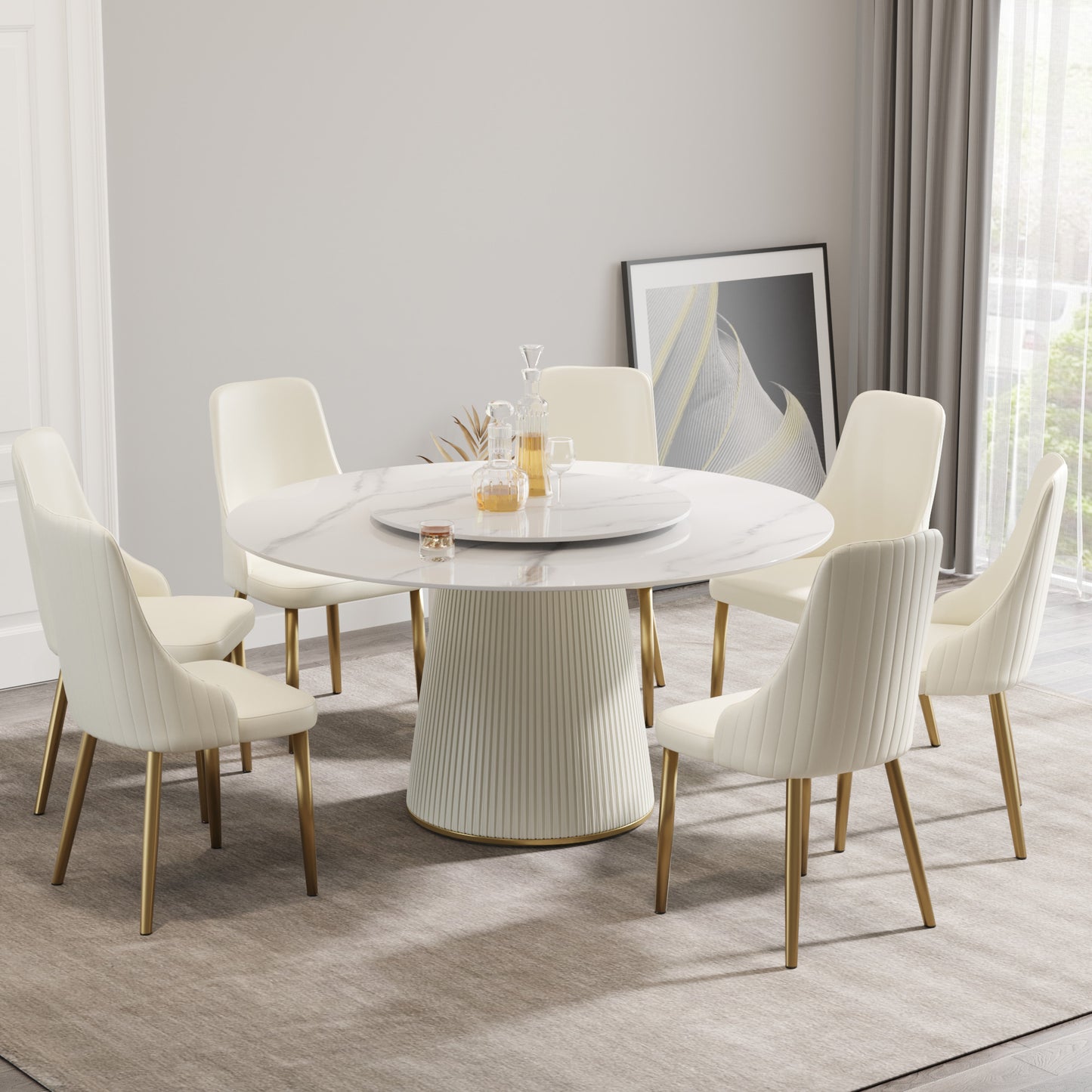 59.05 "Modern White Artificial Stone Round Beige Plywood Pu Base Dining Table-31.5"White Artificial Stone Turntable-Can Accommodate 6-8 People-With 6 chairs
