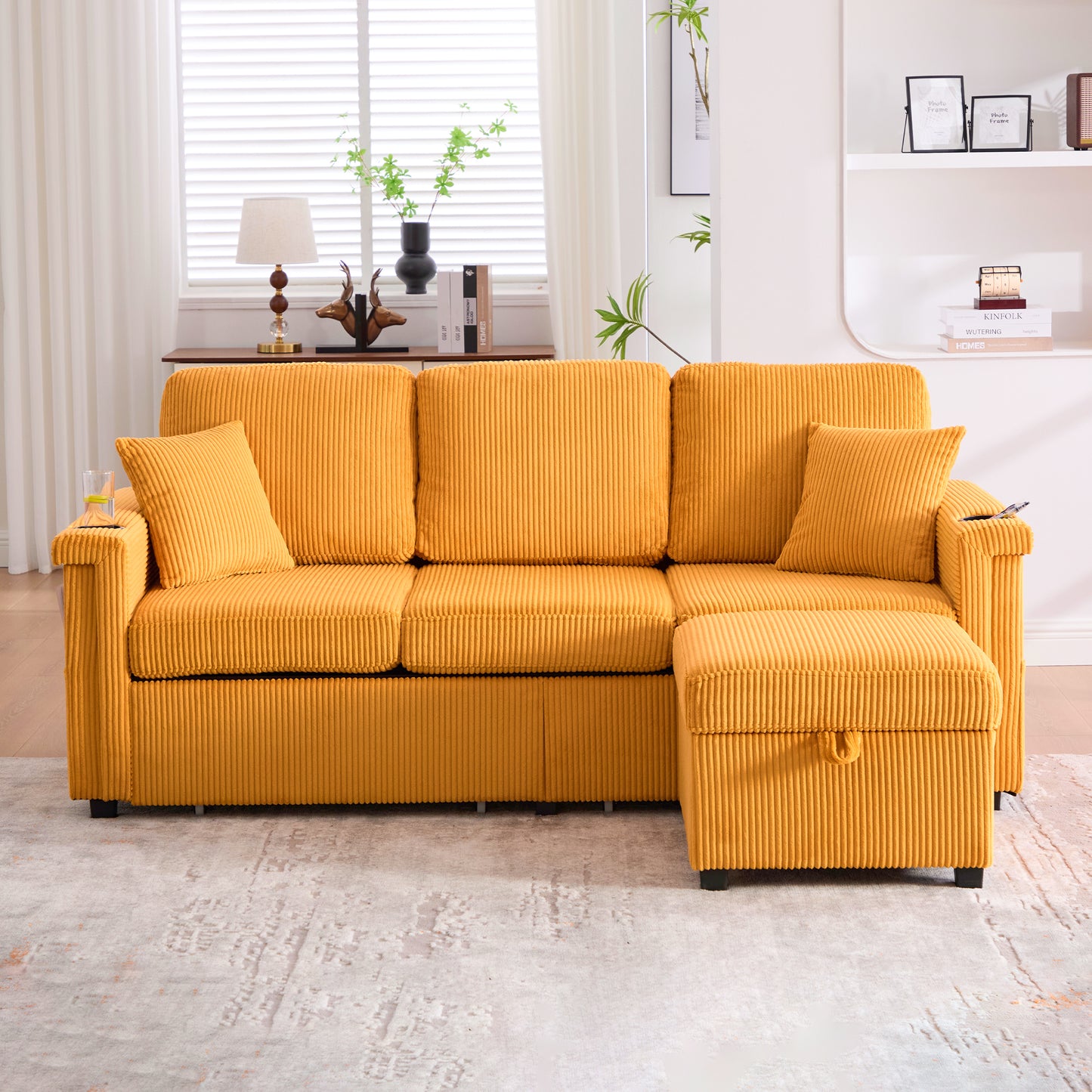UNITED WE WIN L-Shaped Sectional Sofa with Pull-Out Storage,Ottoman & Pillows 3-Seat with USB Charging,Cup Holder, Convertible Design for Living Room, Apartment, Corduroy Fabric