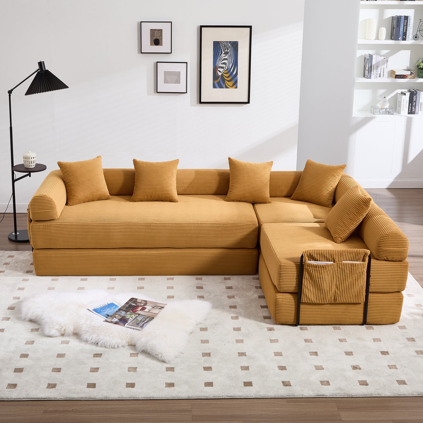 4 Seat Mustard Yellow Corduroy Sofa Bed for Living Room