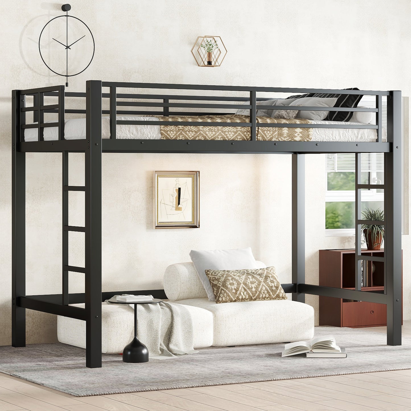 Twin XL Size Metal Loft Bed, Loft Bed with Easy Climbing Ladder and Guardrails , Black
