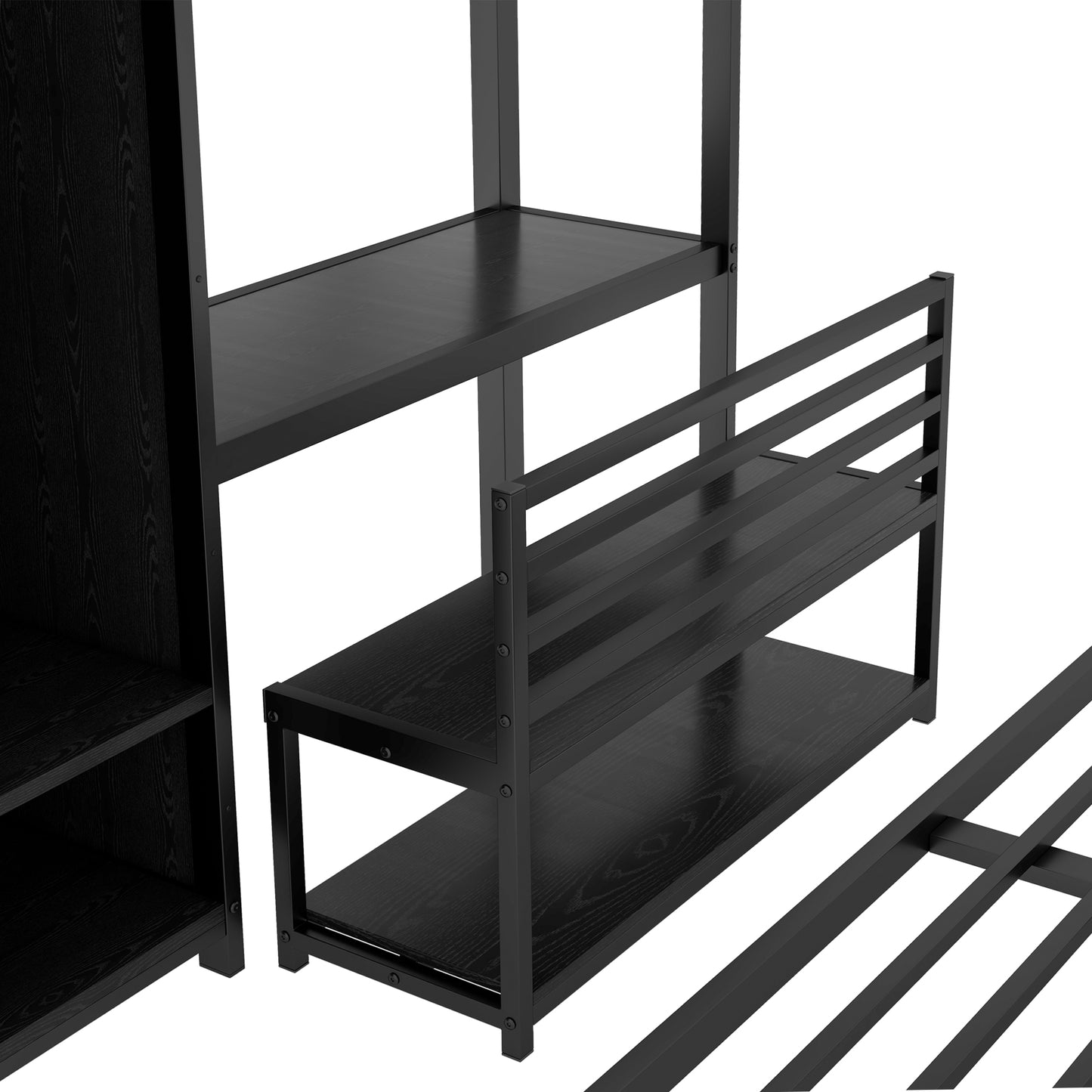 Queen Over Queen Bunk Bed Frame - Black with Wardrobe & Desk for Bedroom
