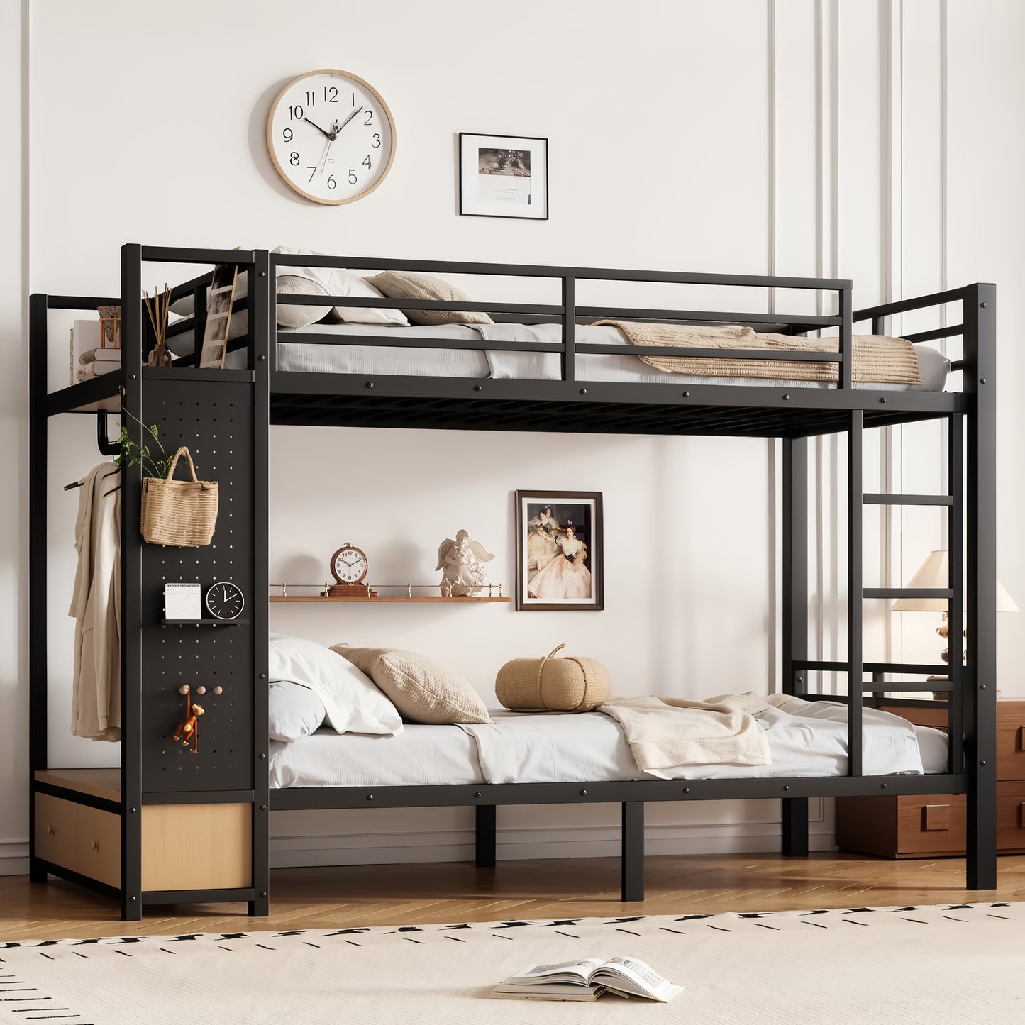 Twin XL over Twin XL size Metal Bunk Bed for Teens with Storage Shelves ,Drawers and Pegboard,Black