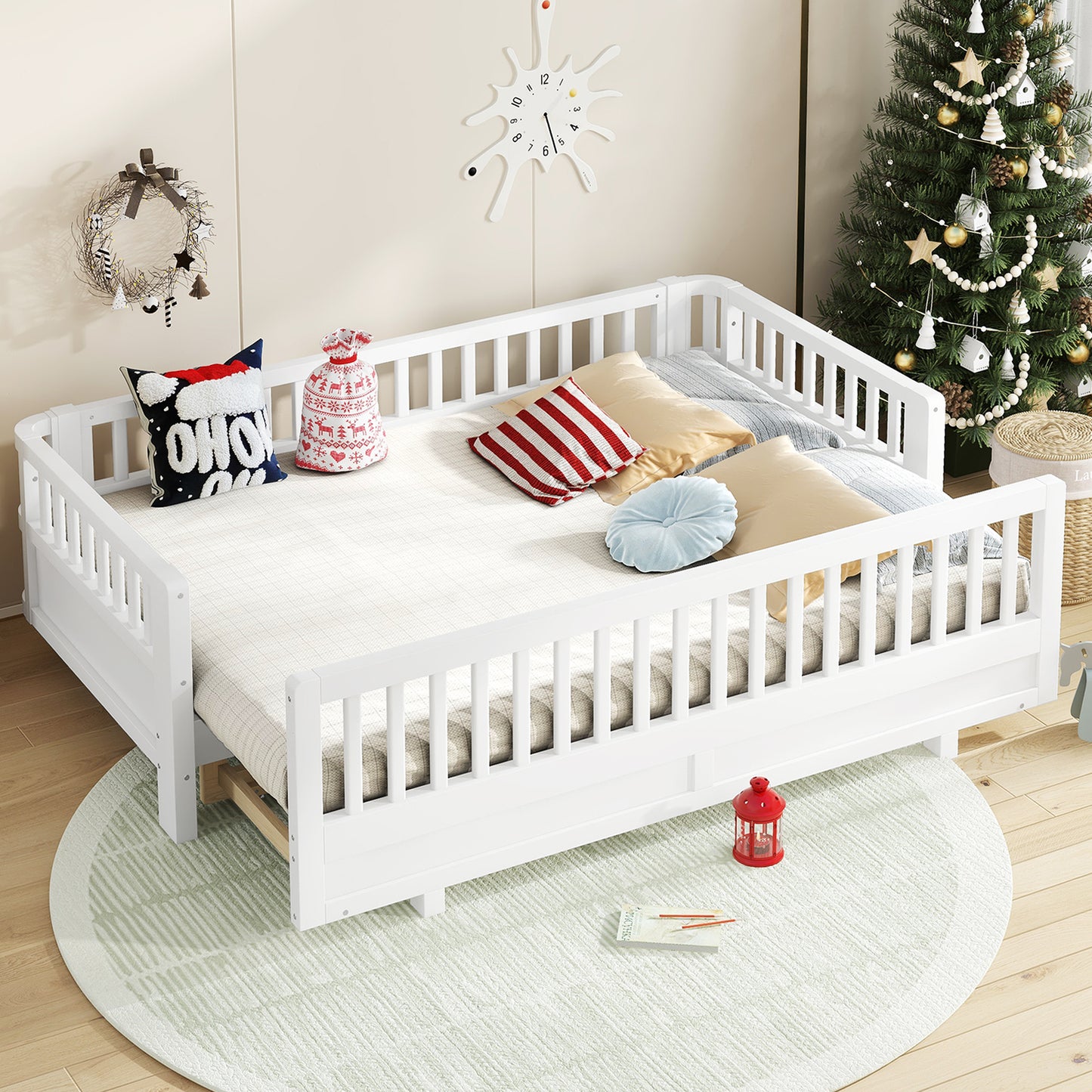 Twin XL Size Platform Bed with Guardrails, Solid Wood Twin XL Bed Frame, Can Be Converted into a Queen Platform Bed,White