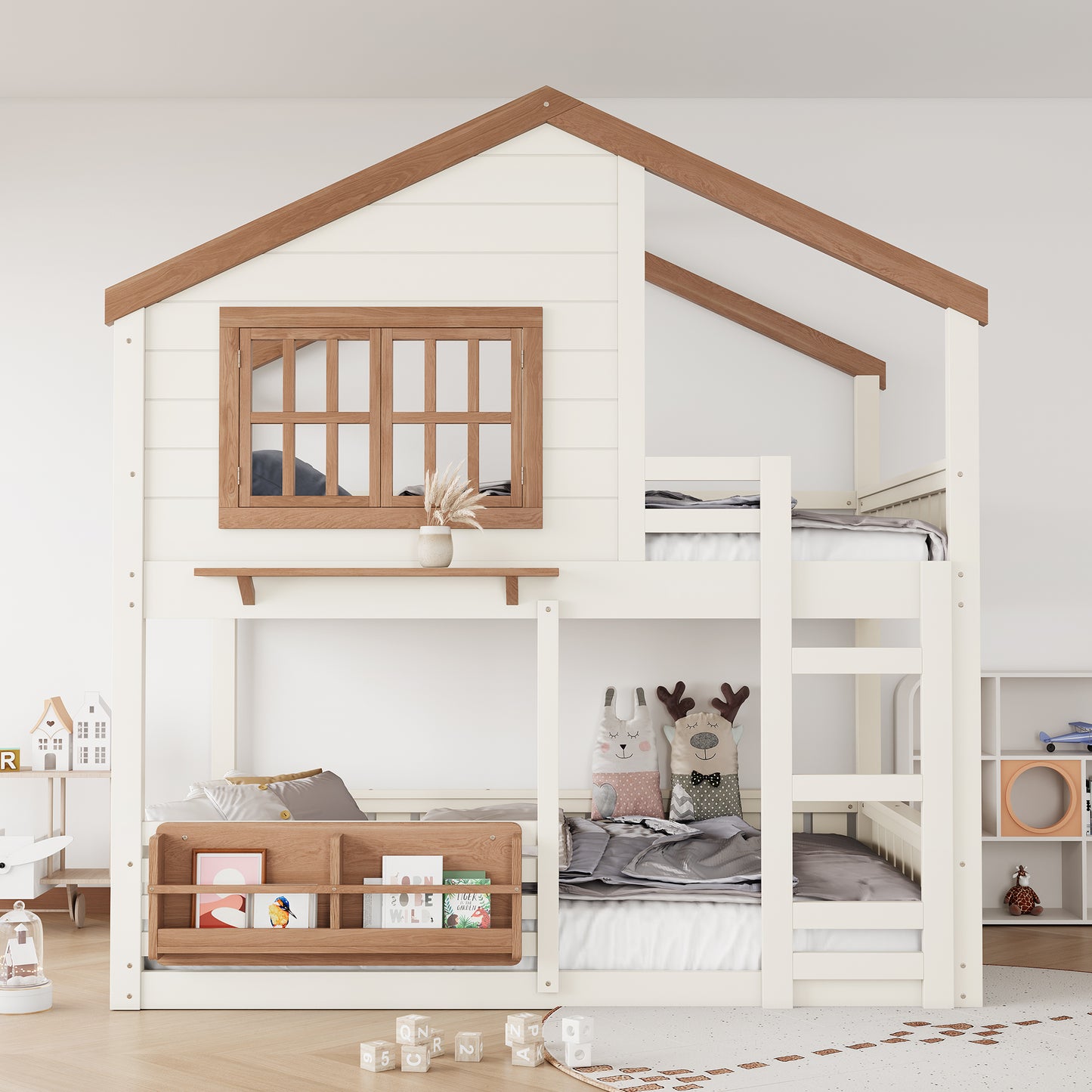 Full Size Bunk Bed/Loft Bed with Bookshelf, House Design, High-Quality Safety Fencing,Beige & Natural