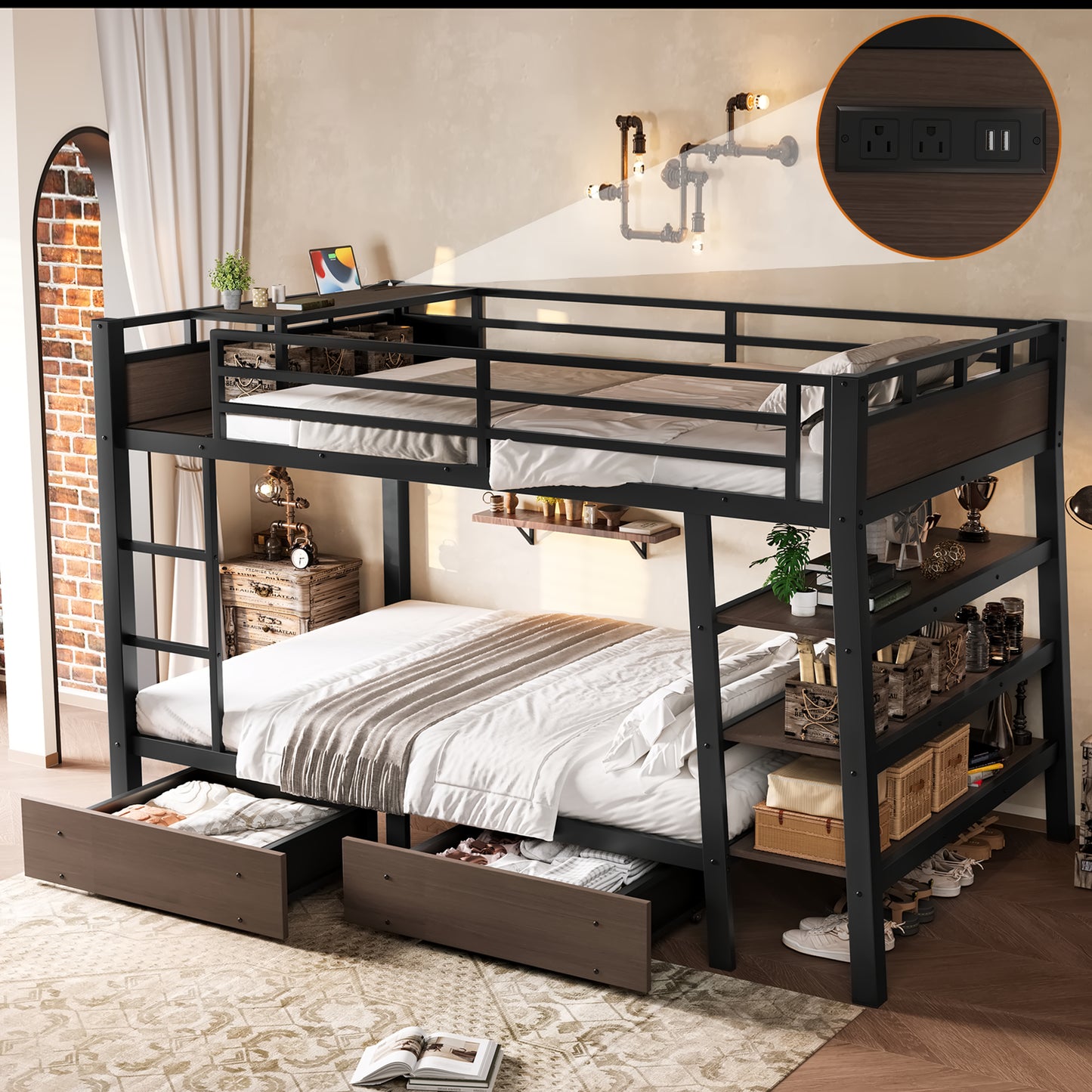Full Size Metal Bunk Bed with Storage Shelves , LED light strip, and USB power strip, black