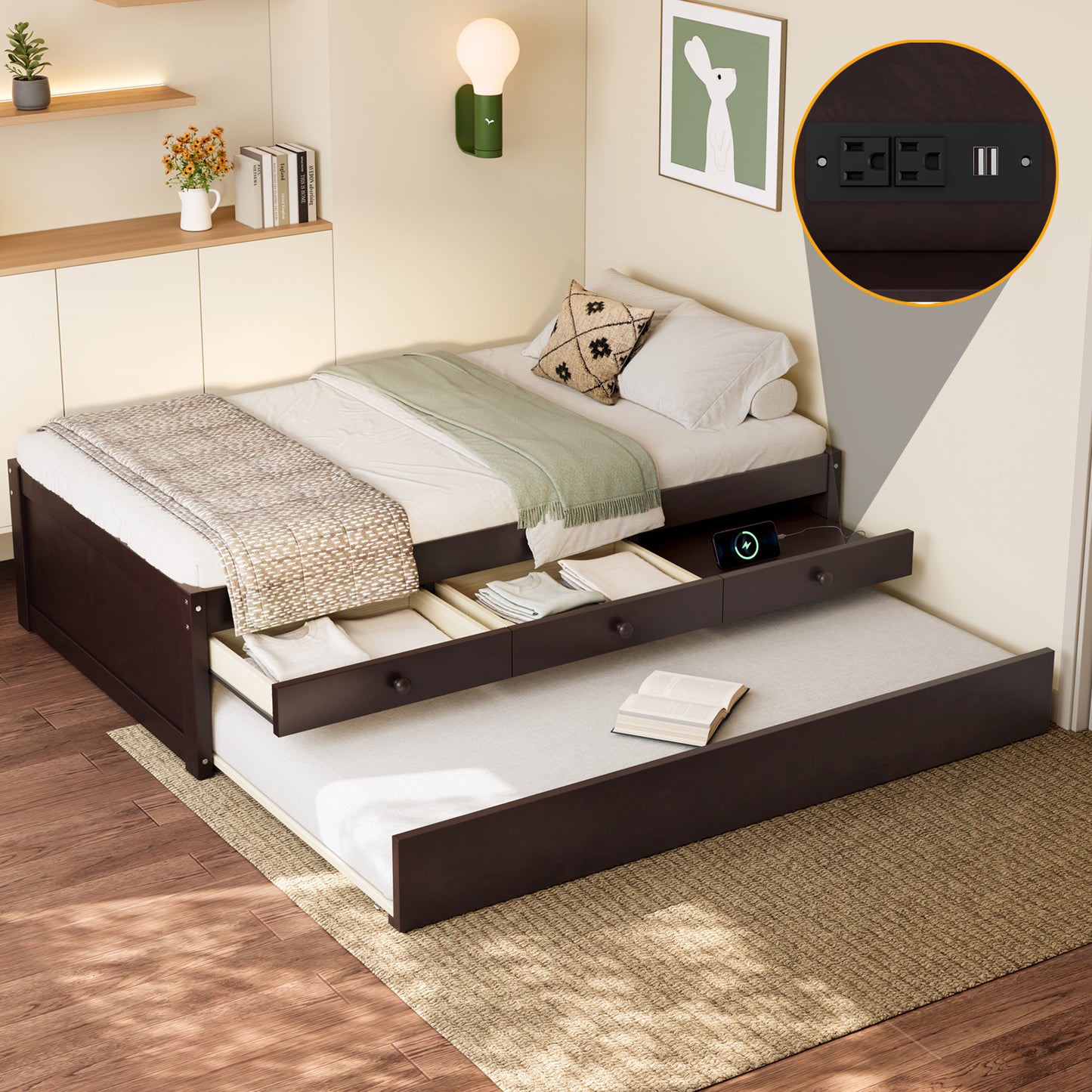 Twin Platform Bed with Trundle and 2 drawers,SolidWood Beds with Power strip,Espresso