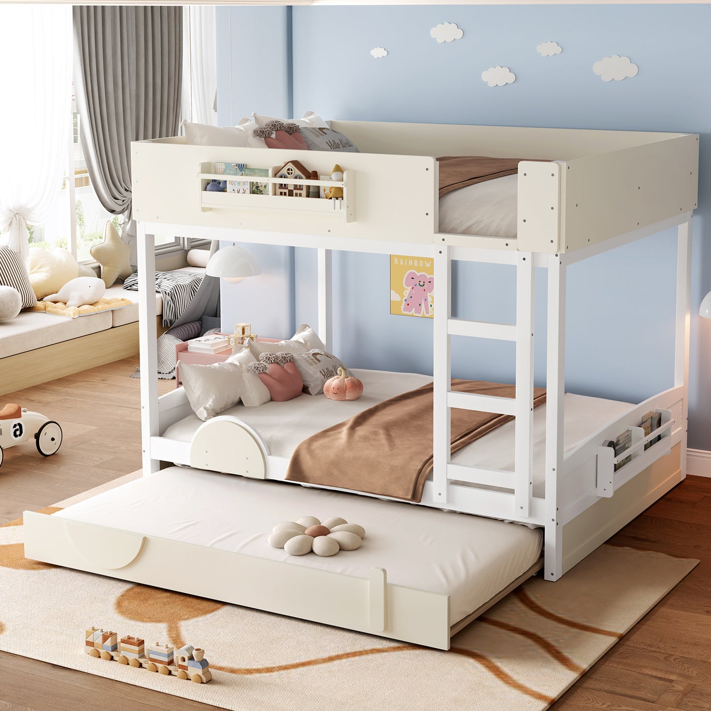 Queen Bunk Bed with Trundle , Wood Bunk Bed Frame with Built-in Bookshelf and High-quality Safety Guardrail,Automobile Form Design for Kids ,White& Beige.
