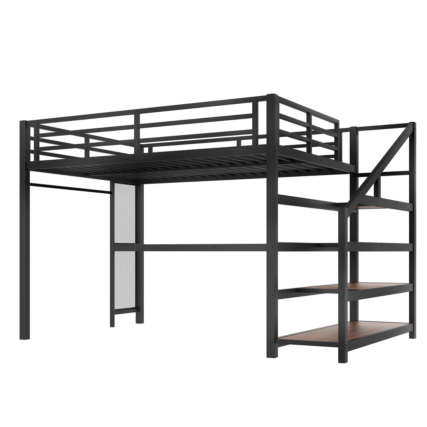 Queen Loft Bed with Desk & Storage - Black Metal Frame for Bedroom