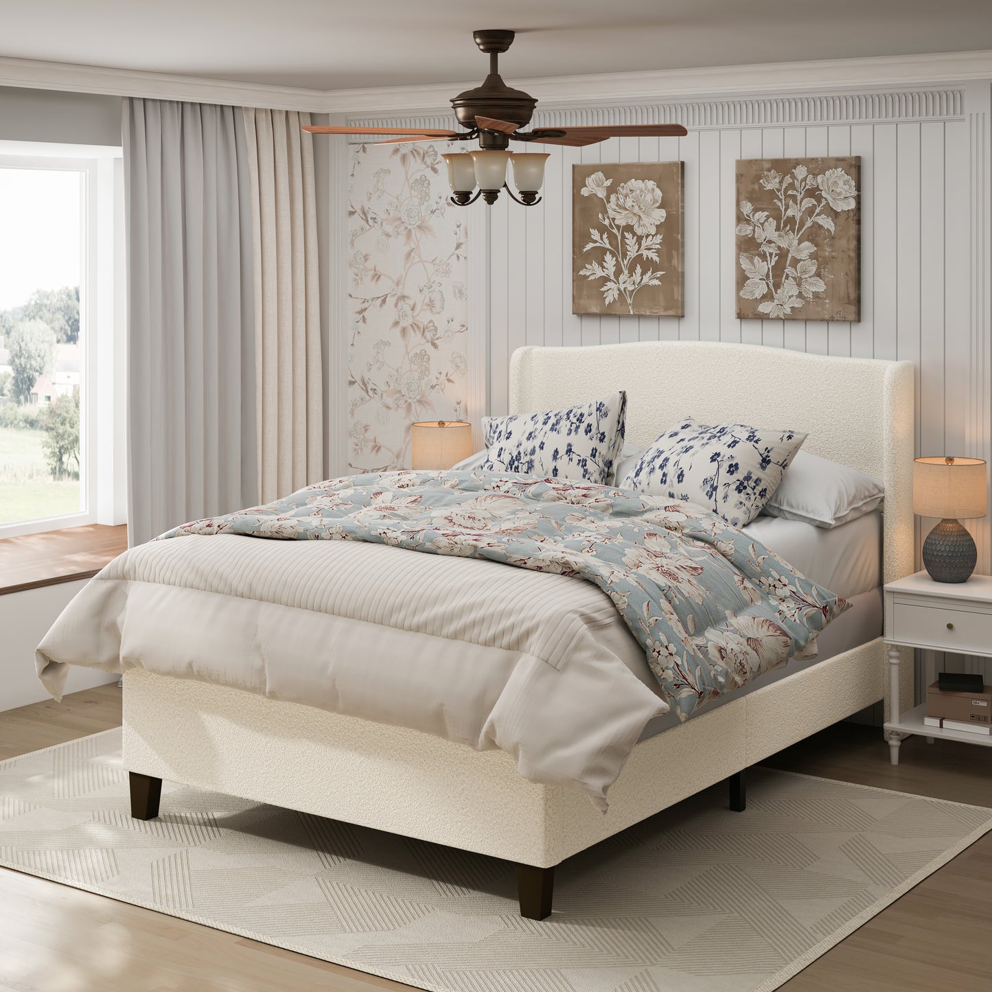 Queen Size Bed Frame with 49.21"High Back Upholstered Headboard and 27.17" High Footboard,Teddy Velvet,12 Slat Support,Solid Wood Feet,No Box Spring Needed(white)