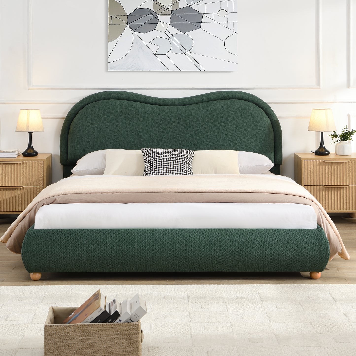 Queen Size Upholstered Platform Bed Frame with Rounded Corners Curved Headboard, Wooden Slats, Oak Solid Wood Legs, Chenille Fabric, No Box Spring Needed, Easy Assembly, Olive Green