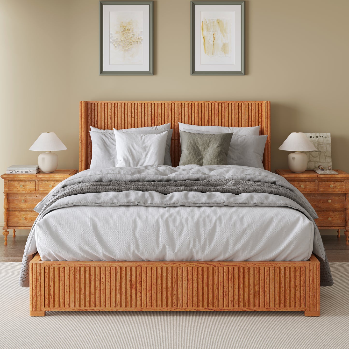 Solid Wood Platform Bed Frame with Headboard, No Box Spring Needed, Floor-standing bed, Easy Assembly, Queen Size, Natural