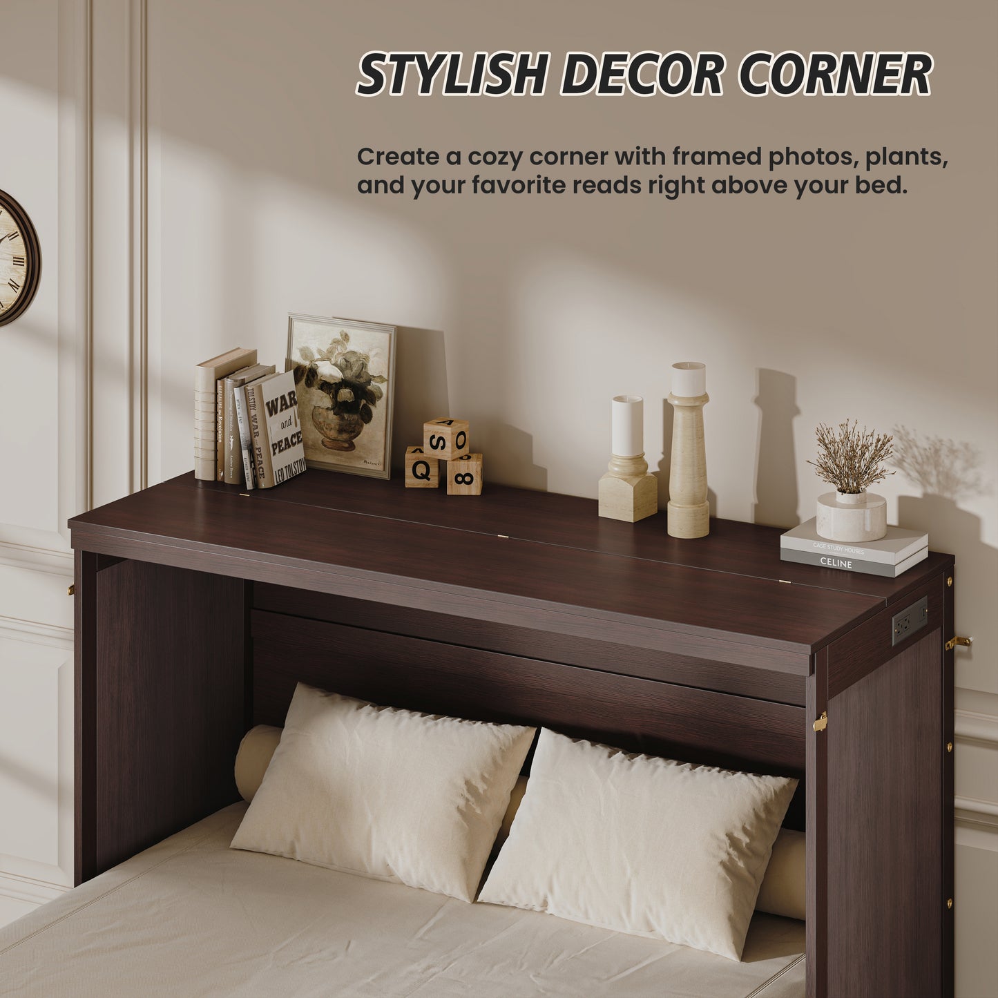 Queen Size Murphy Bed Cabinet - Coffee, Storage & USB Charging for Bedroom