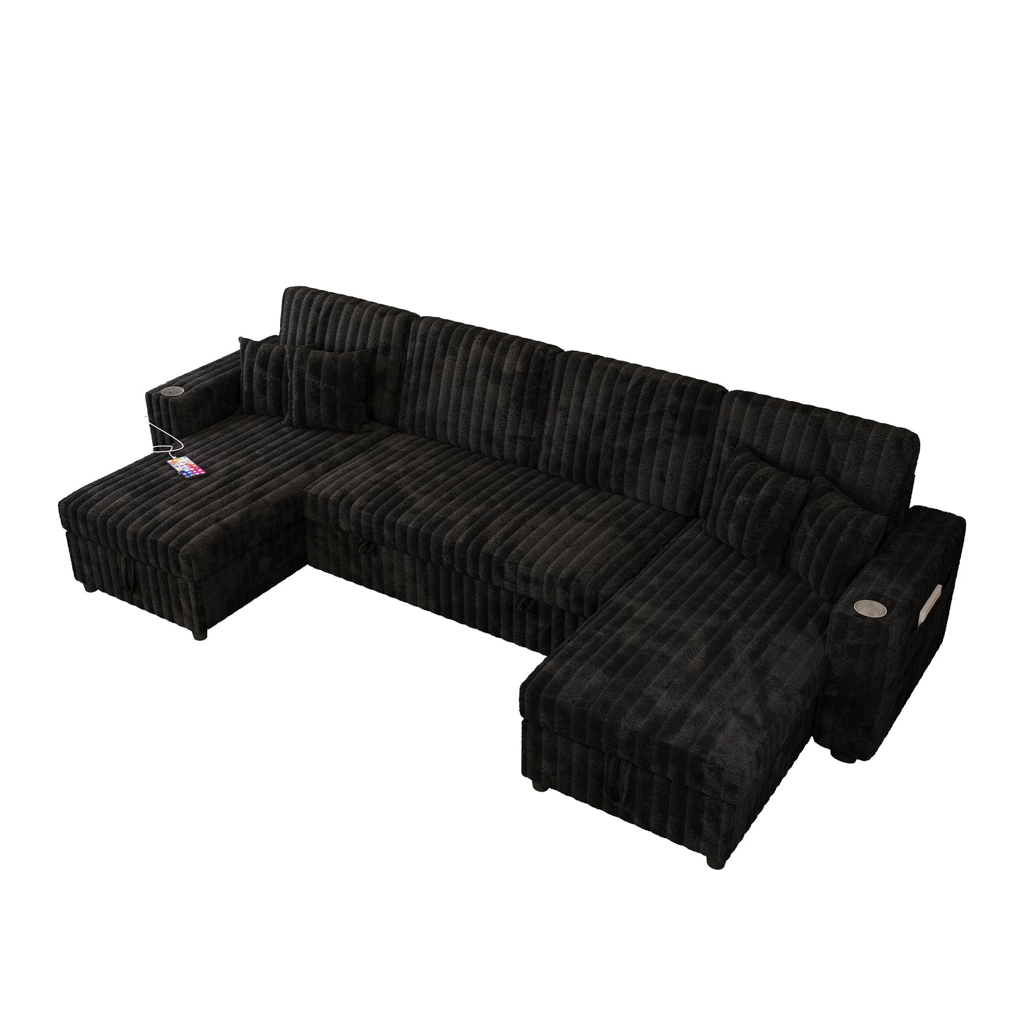 6 Seat Corduroy Sleeper Sofa Bed - Black