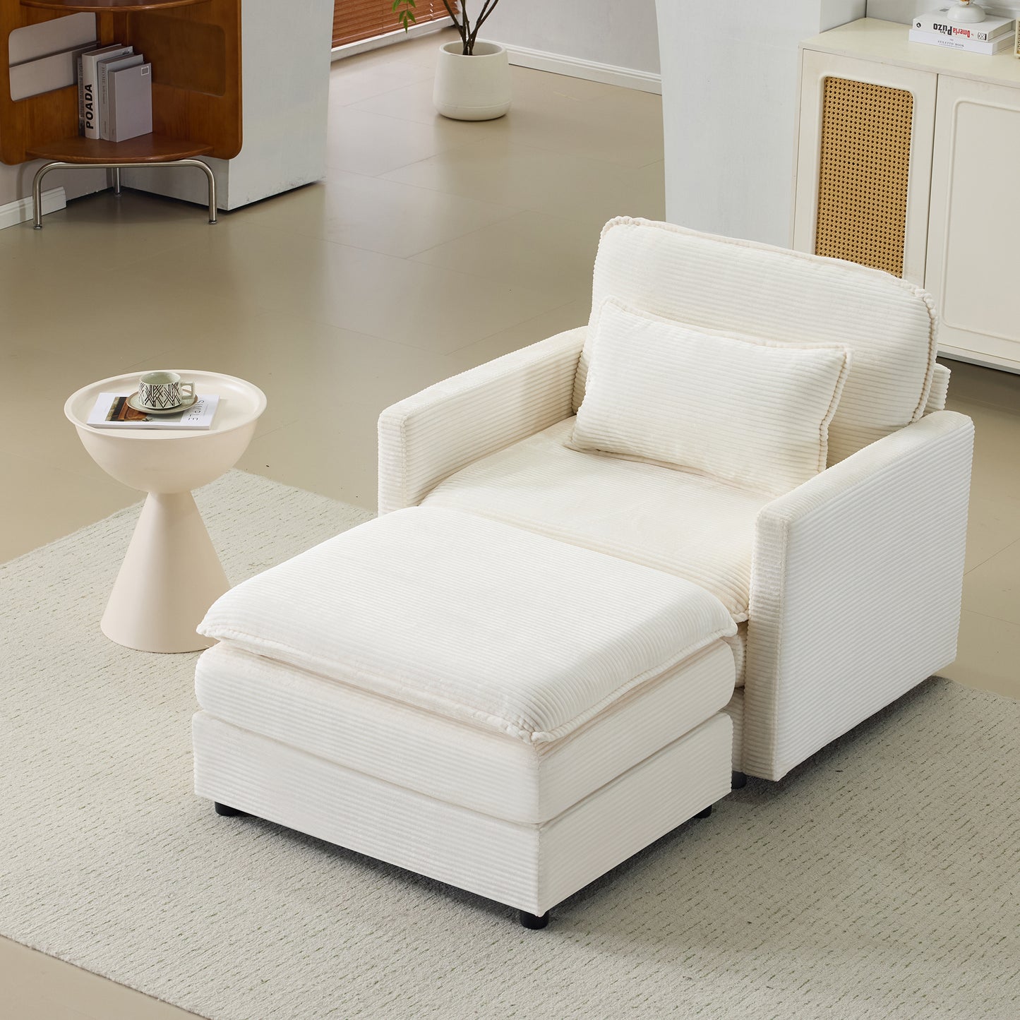 54" Plush Cloud Sofa: Modular Single + Ottoman Sofa with 22" Beige Chenille Cushions + 1 Throw Pillows - Compact Size for Apartment, Living Room, Bedroom (Beige)