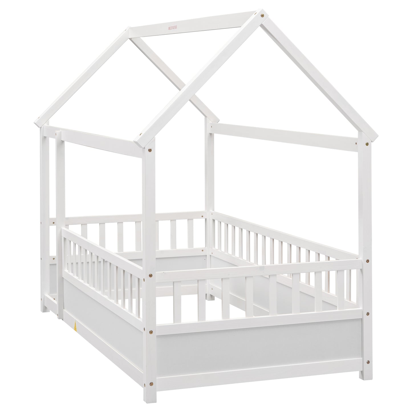 Twin Size Wooden Bed with House Roof Frame, White