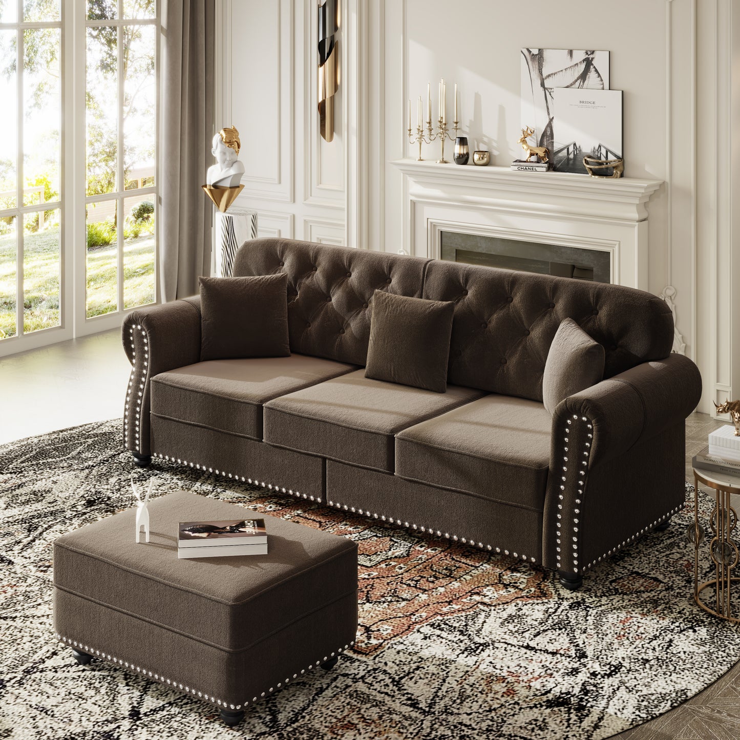82.6"Upholstered Velvet Sofa with Nailhead Trim and Rolled Armrests,Mid-Century Modern Chesterfield Sofa with Button Tufted,Includes 3 Pillows,Brown