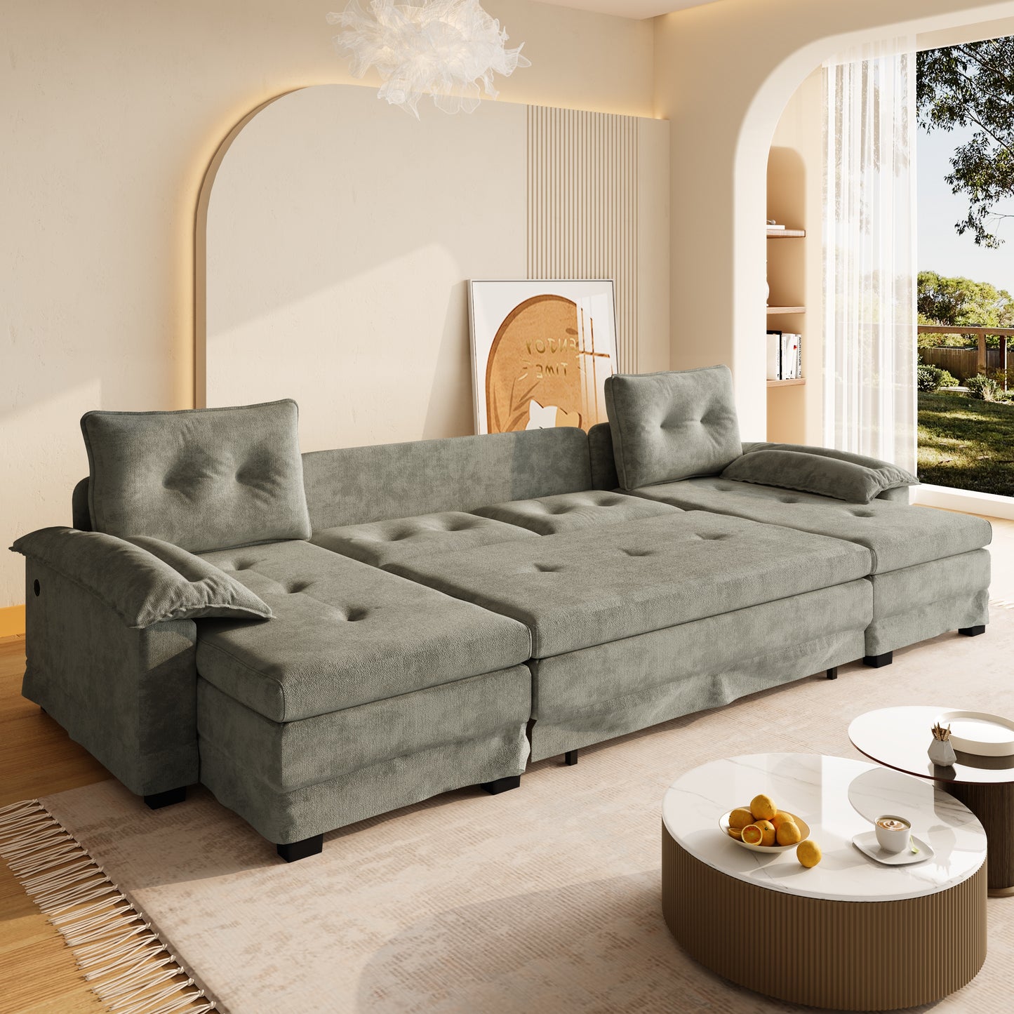 109.5" U-Shaped Sleeper Sofa - Light Grey Chenille for Living Room