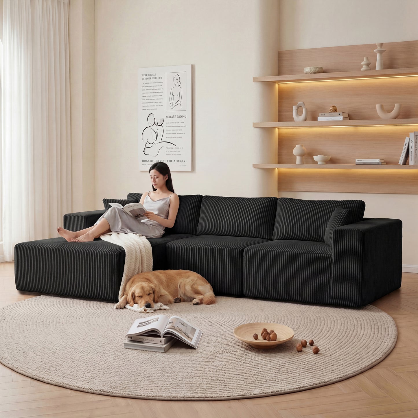 Modular Sectional Sofa, Cloud Sectional Couch with Deep Seat, Modern Modular L-Shape Sofa with Chaise,Upholstered Boneless Couches for Living Room (Corduroy, BLACK,Left Facing Chaise)