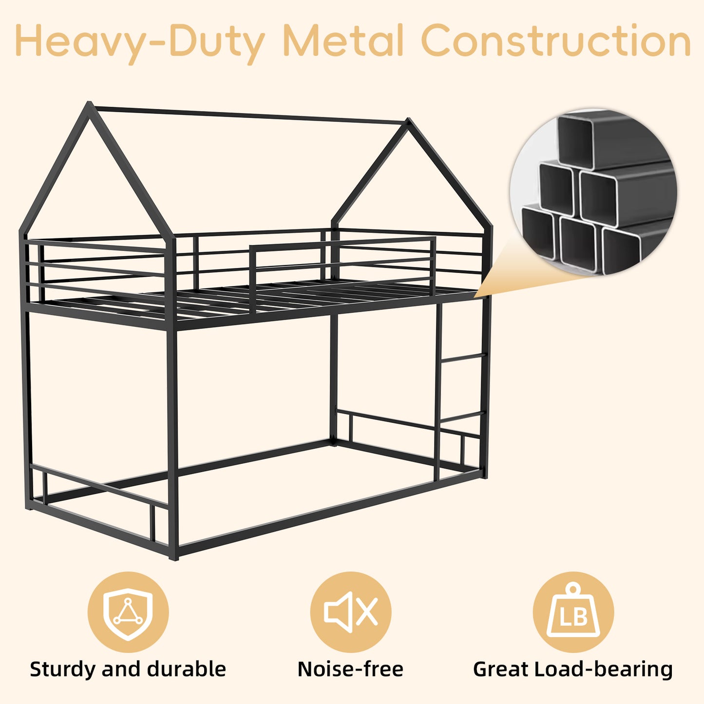 Twin Over Twin Bunk Bed Frame - Black Iron, No Box Spring Needed for Bedroom