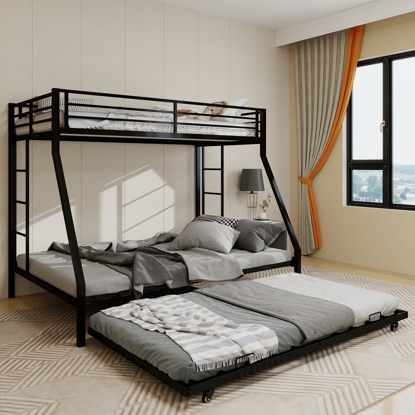 High-Stability Bunk Bed - Black Iron Frame, Ladder & Trundle for Bedroom