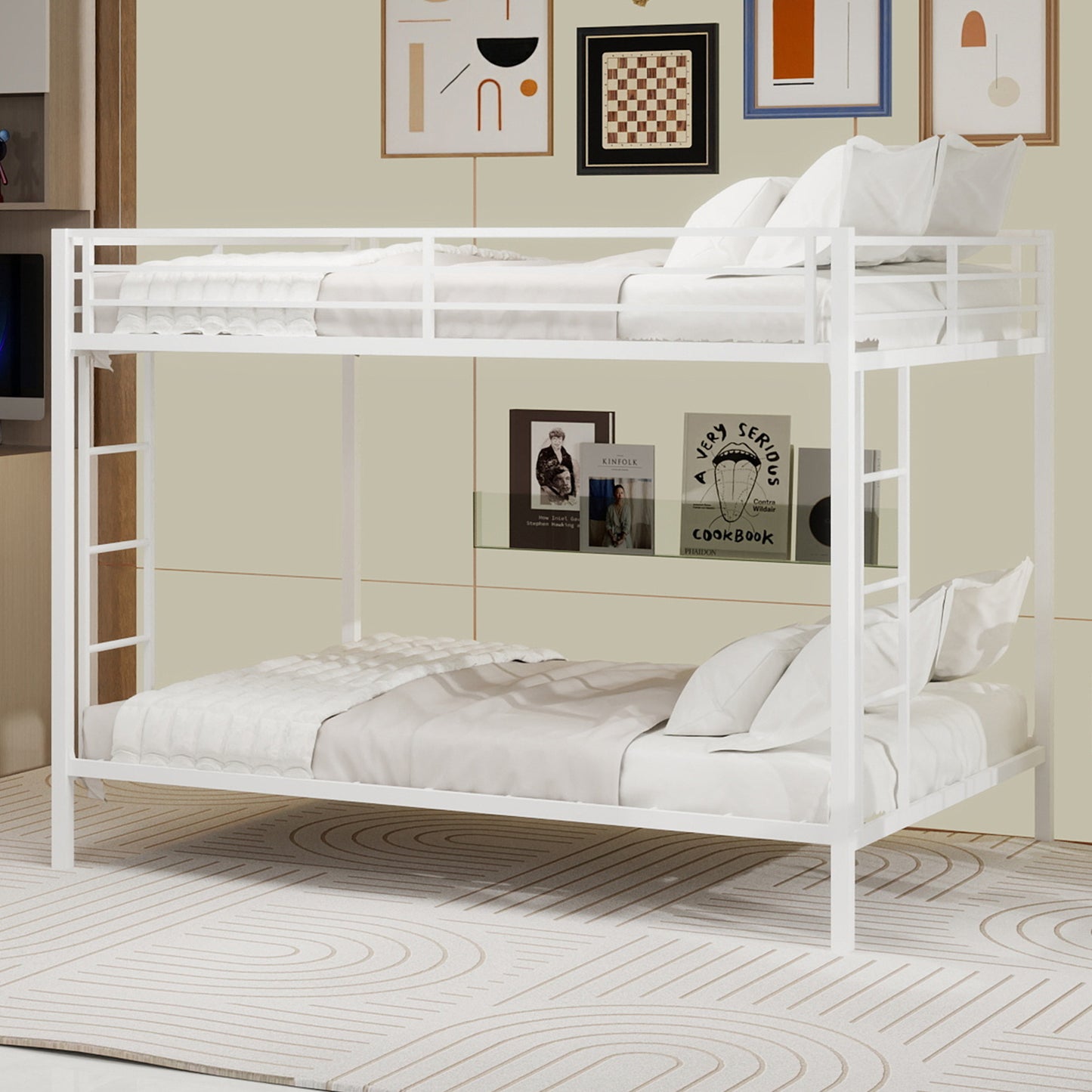 Multi-Functional Square Tube Iron Bunk Bed, Robust Metal Frame Resists Wear, Ideal for Optimizing Vertical Space in Any Room-Queen Size - 153cm x 203cm-White