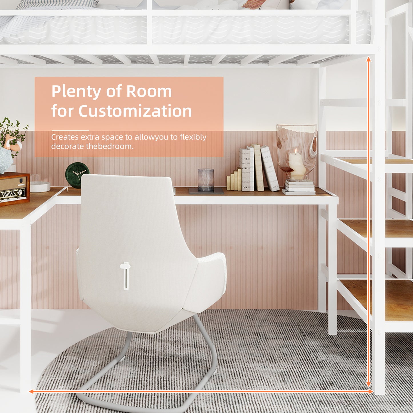 Twin Iron Loft Bed Frame with Desk - White for Bedroom