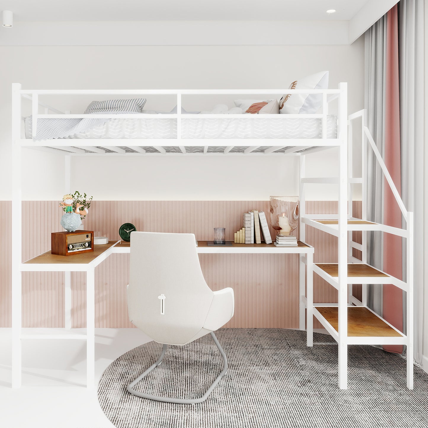 Loft bed with L-shaped desk, large storage space and storage compartments, sturdy bed frame with stairs, continuous belt railing, space-saving, noiseless, no elephant springs required