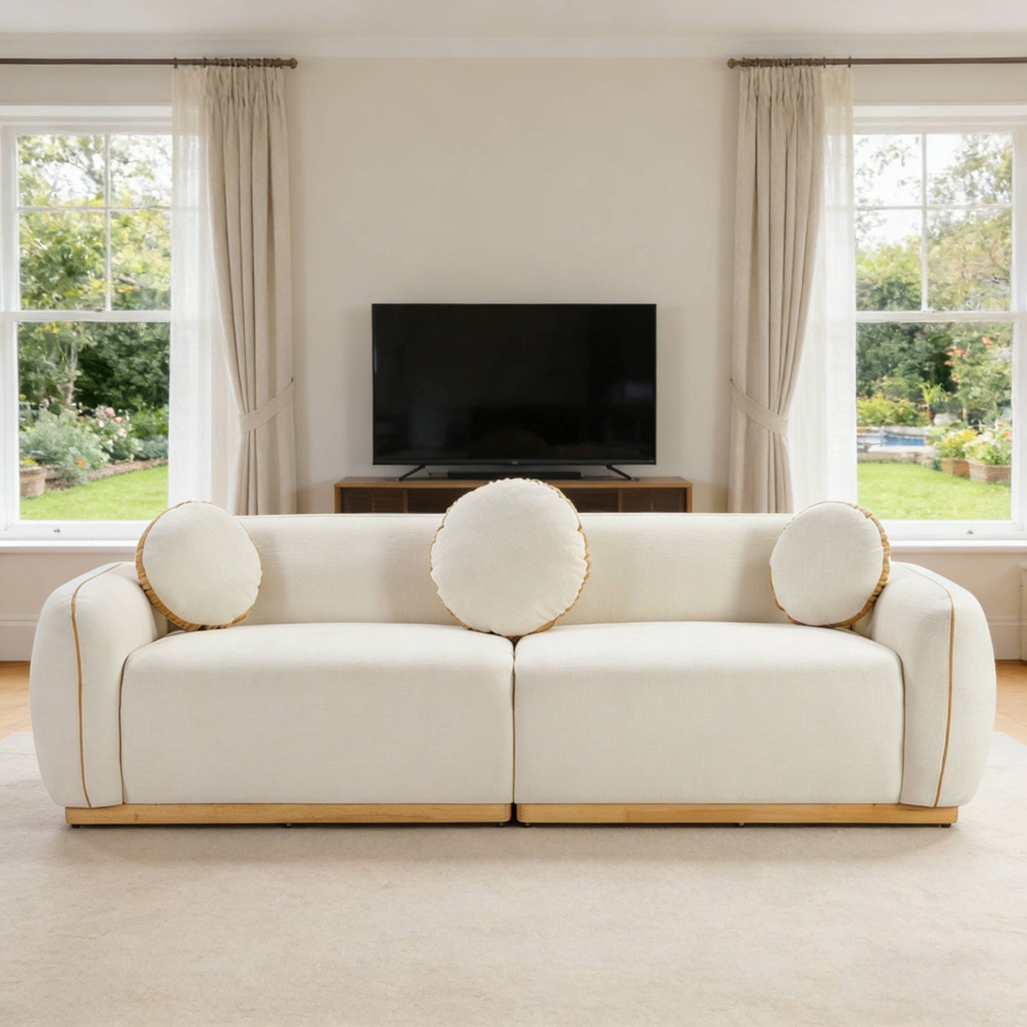3 Seat Beige White Chenille Sofa - Living Room Accent