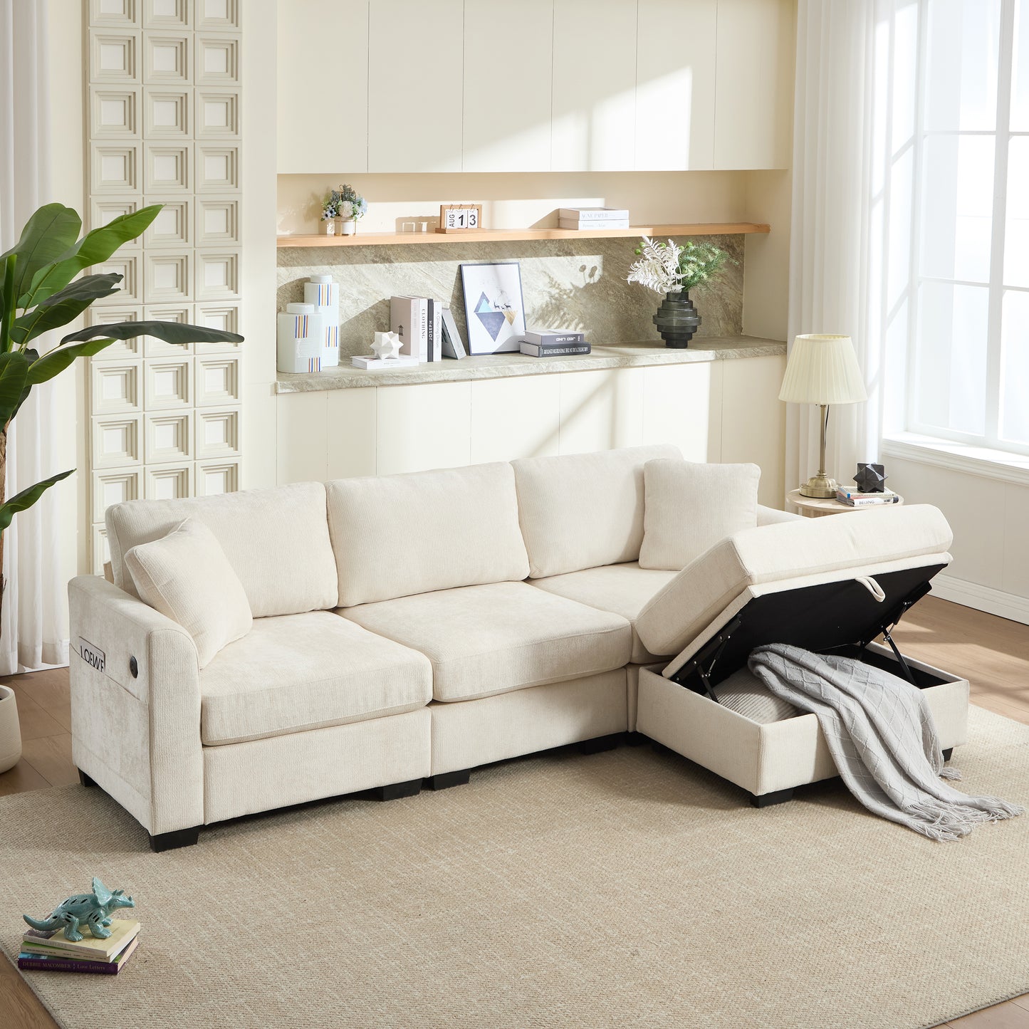 Modern Storage Sofa with Dual USB, 2 Side Pockets,Ottoman Storage Bench Cloud Sectional Chenille Sofa Oversized,4-Seat, L-Shaped Couch,Beige