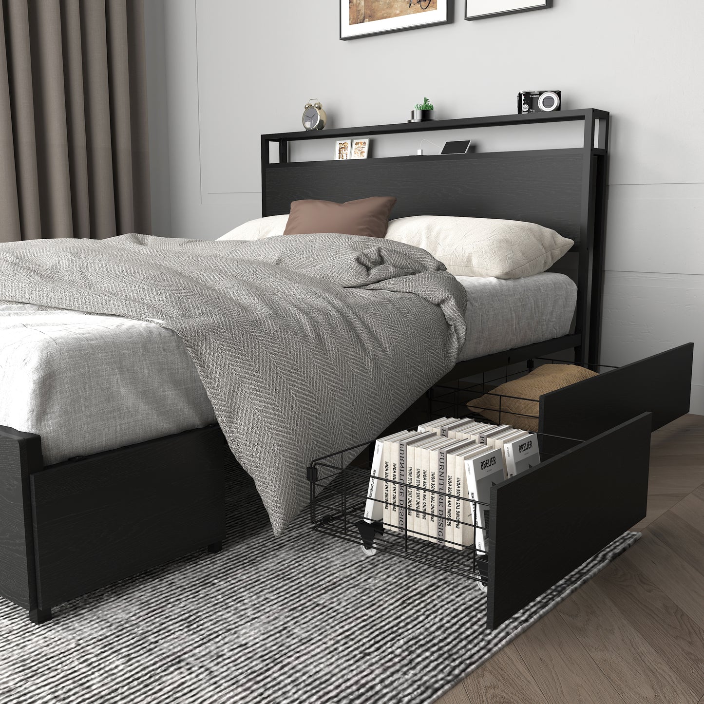 Full Size Bed Frame with Storage Headboard - Black MDF Metal