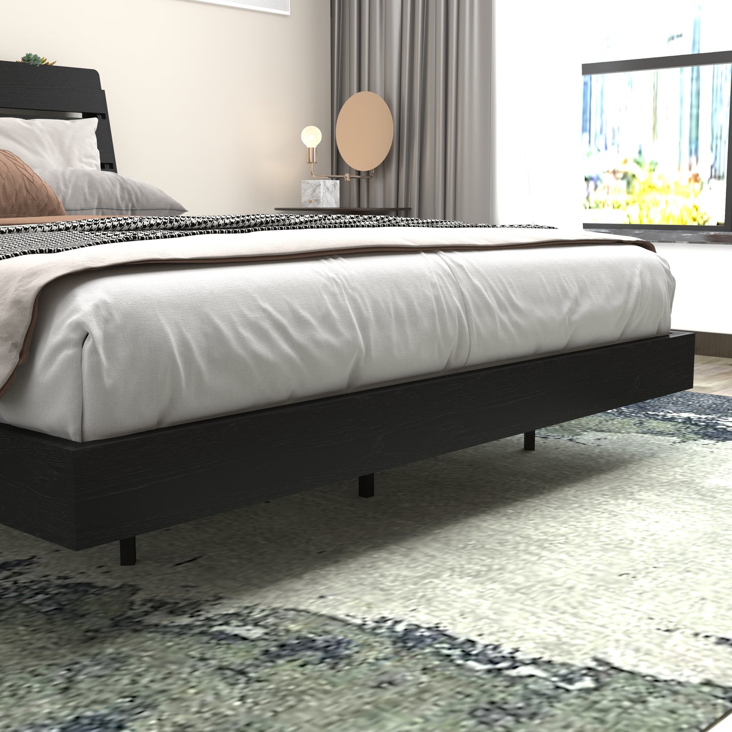 Floating Queen Bed Frame with LED Lights & Charging for Bedroom