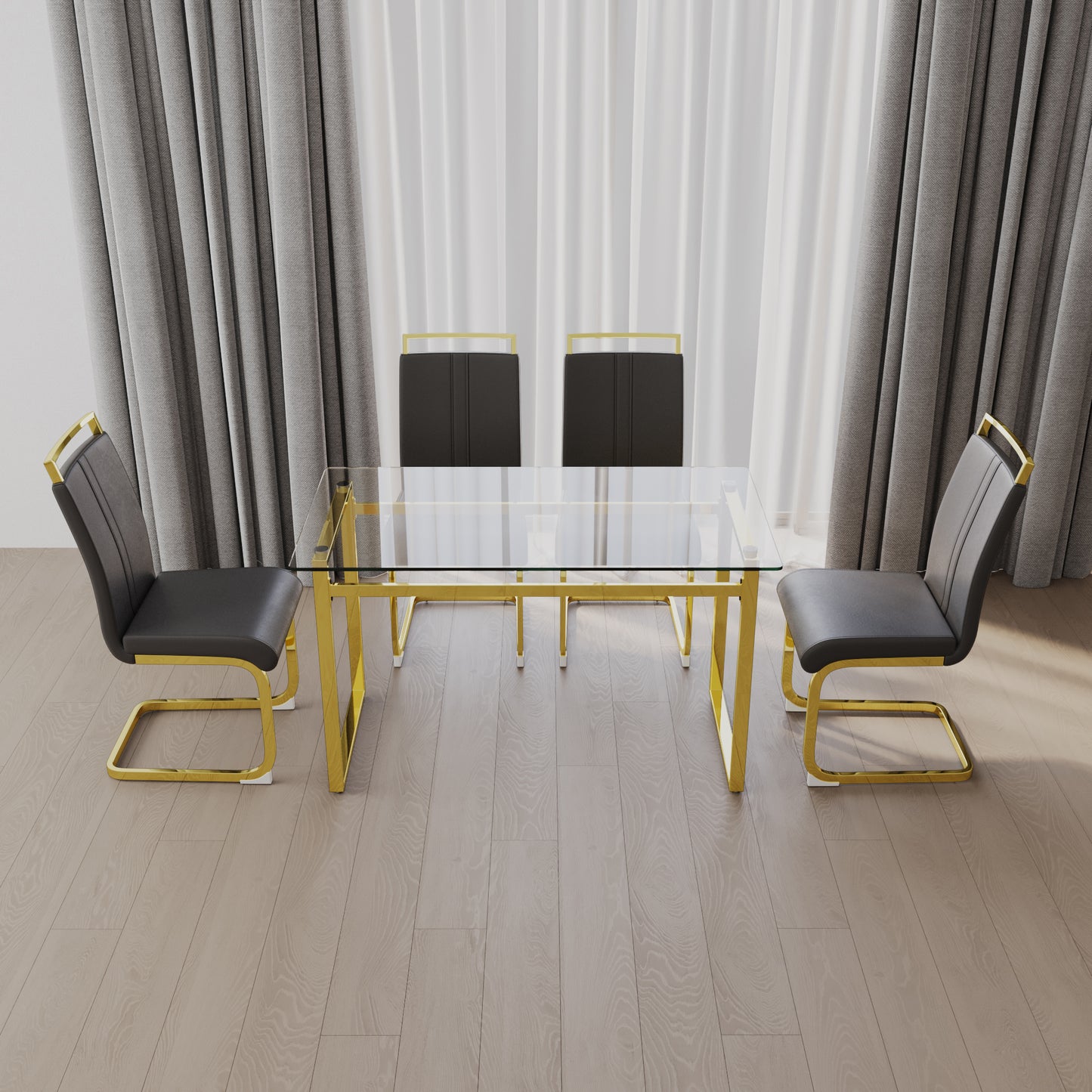 51 inch Glass Dining Table Set for 4, Dining Table & Chair Sets with Golden Plating Legs for Kitchen, Modern Rectangle Tempered Glass Table Top and PU Dining armless Chair for Dining Room