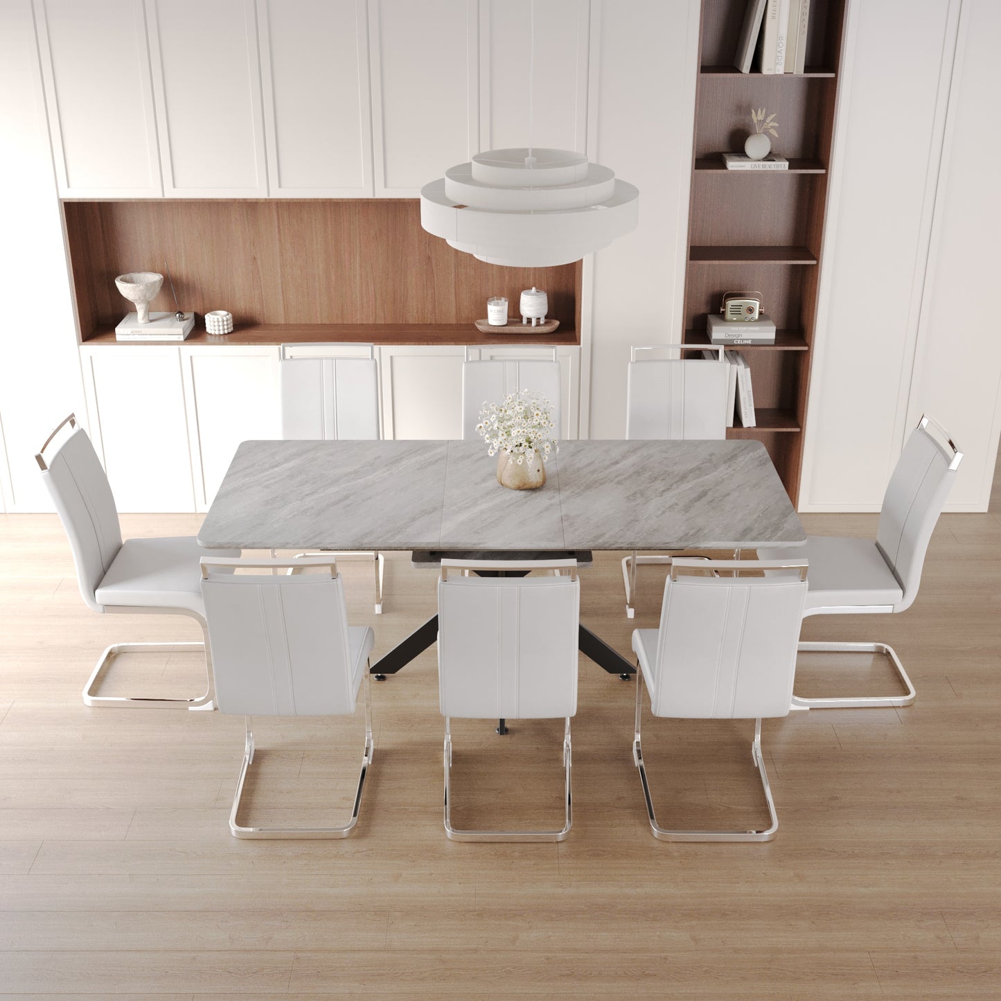 62.4" extendable 78.15" dining Table Set for 6-8 Person for Dining Room,C-shaped Tube Soft padded armless dining chair and Very large Dining Room Table Kitchen Table Chair Set with metal Legs