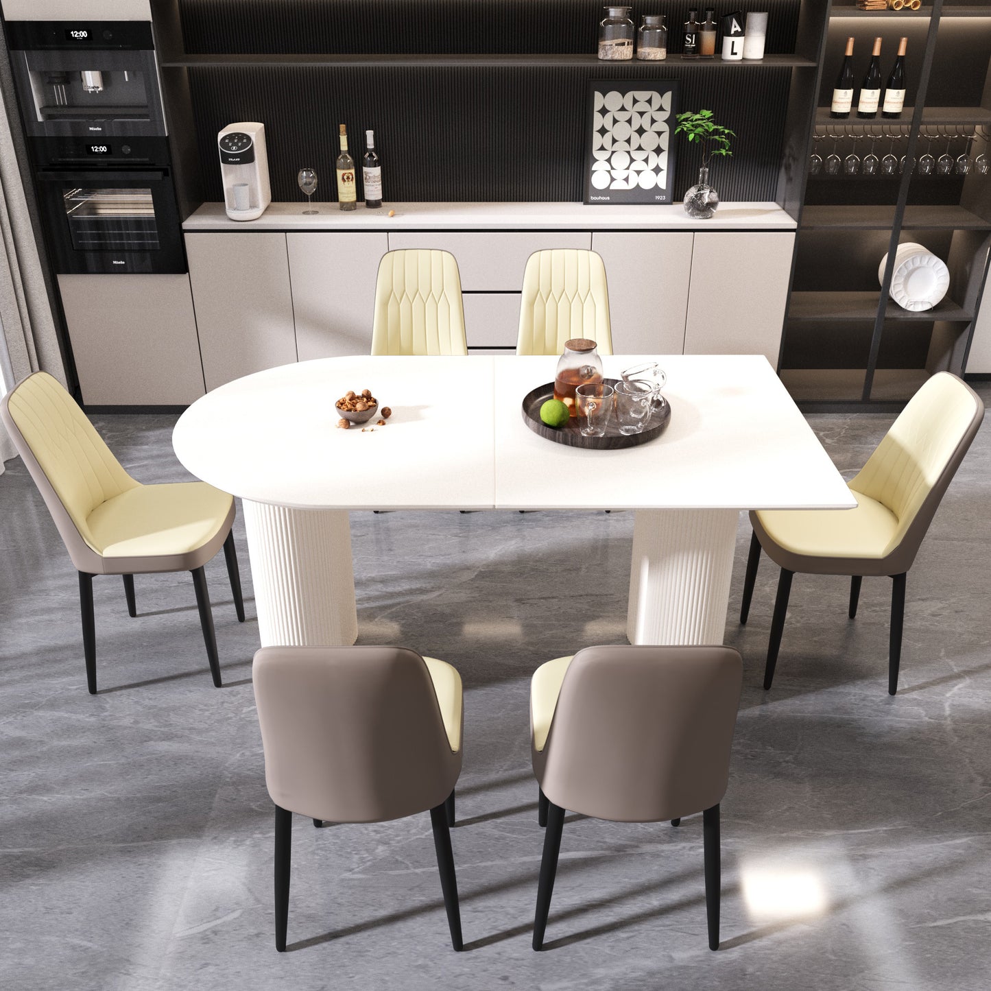 63 "medieval modern cream style MDF dining table and PU dining chair set 6. Assemble Desktop and black metal leg dining chair set, suitable for home&kitchen