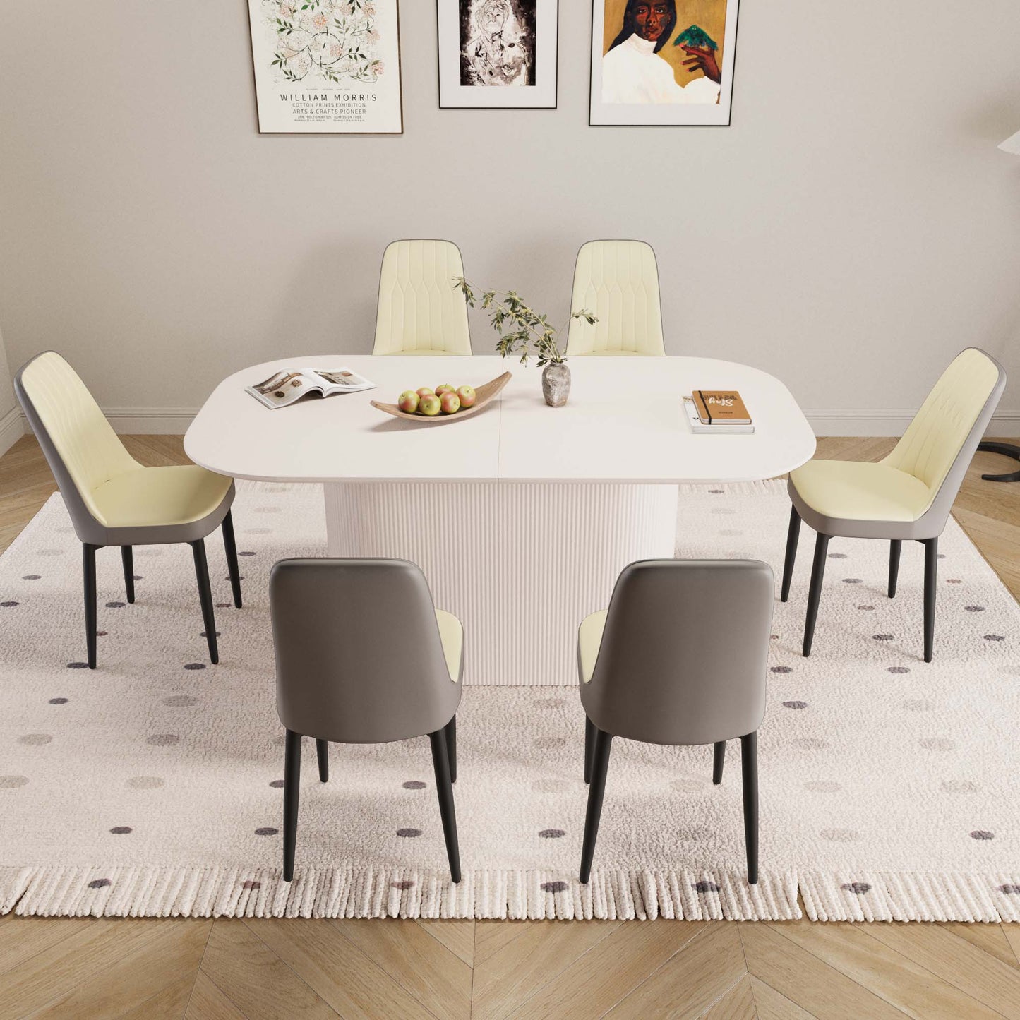 63 "medieval modern cream style MDF dining table and PU dining chair set 6. Assemble Desktop and black metal leg dining chair set, suitable for home&kitchen