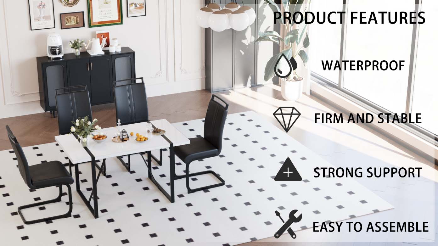 Black White Dining Table Set - 6 Person Table with 4 Chairs